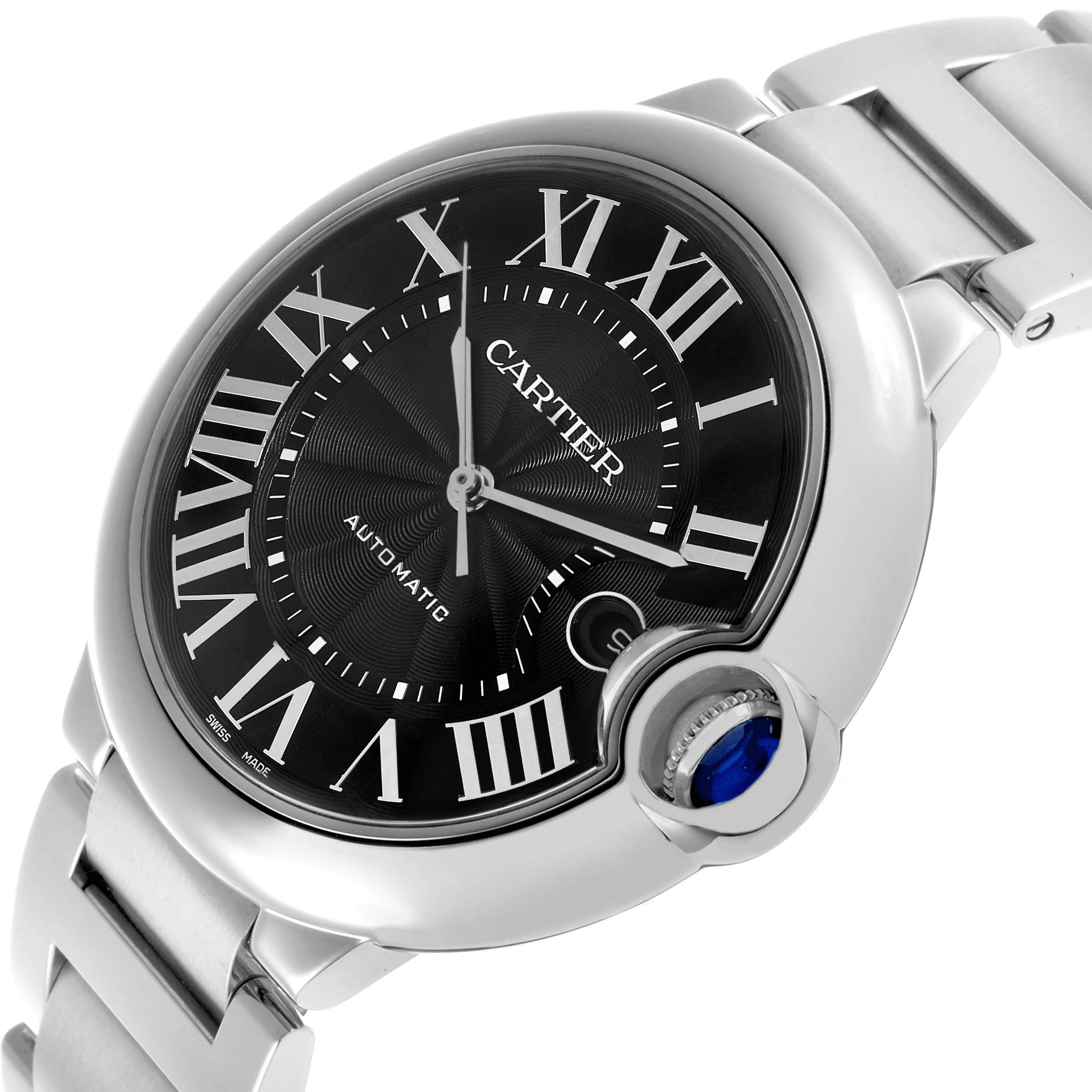 The Cartier Ballon Bleu W6920042 Men's Stainless Steel Black Dial watch is shown from a side angle highlighting its round face, Roman numerals, and distinctive crown.