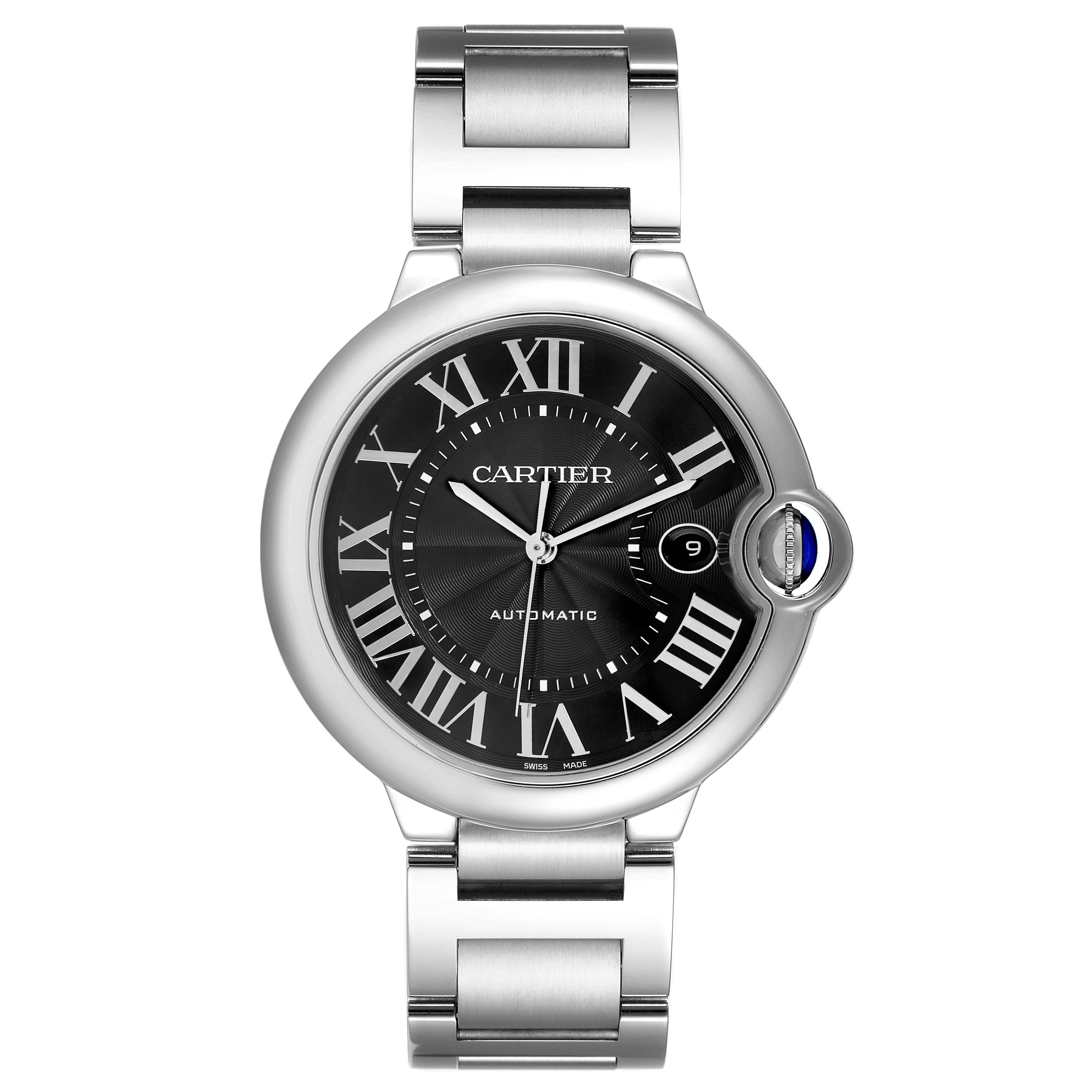 The Cartier Ballon Bleu W6920042 Mens Stainless Steel Black Dial watch is shown from a front angle, displaying its dial, Roman numerals, and metal bracelet.
