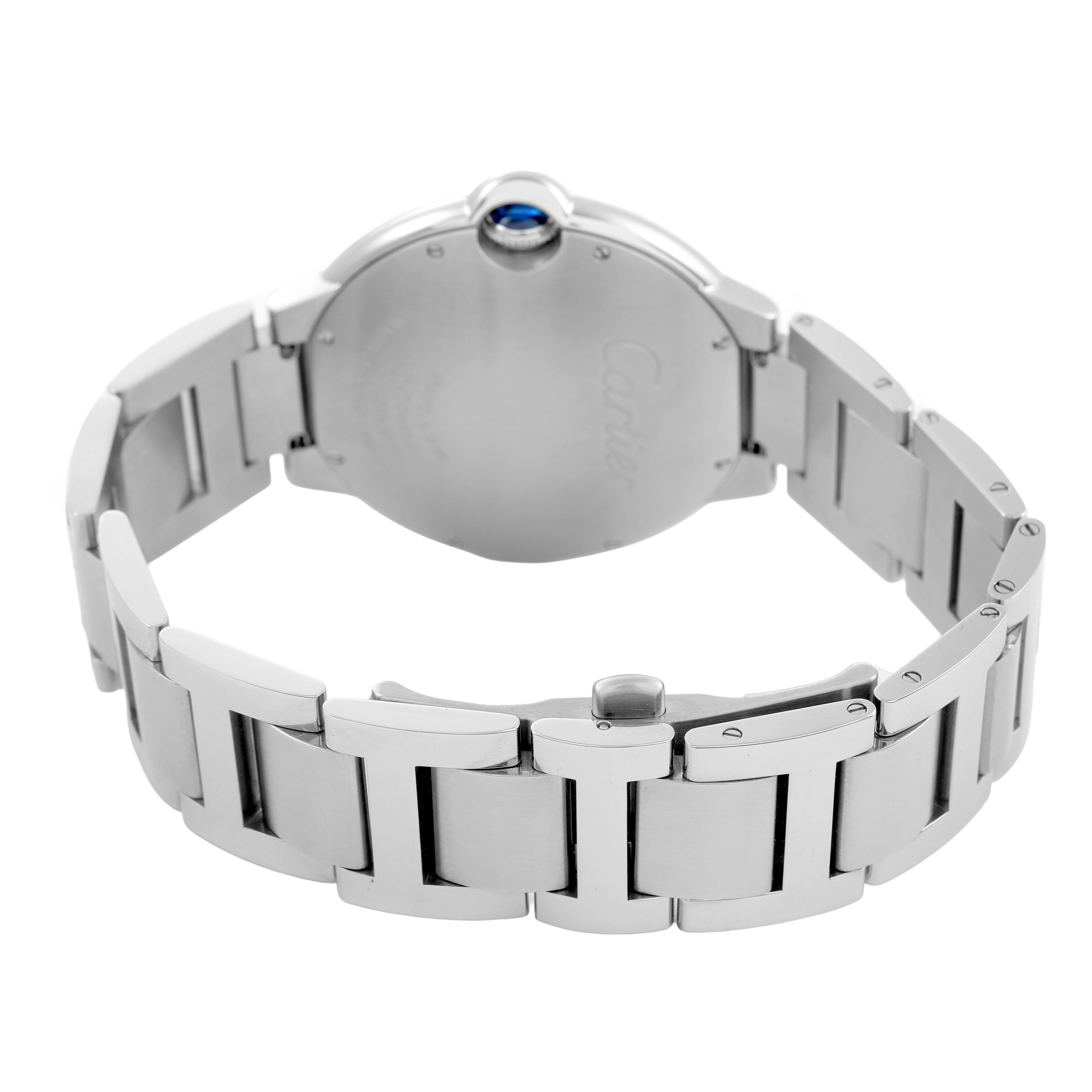 The image shows the back and bracelet of a Cartier Ballon Bleu W6920042 Mens Stainless Steel Black Dial watch, highlighting the stainless steel links and crown.