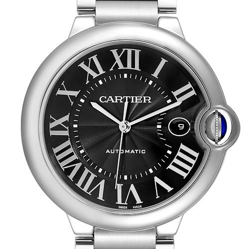 The Cartier Ballon Bleu W6920042 Men's Stainless Steel Black Dial watch is shown from a front angle, featuring its dial, Roman numerals, and crown with a sapphire cabochon.