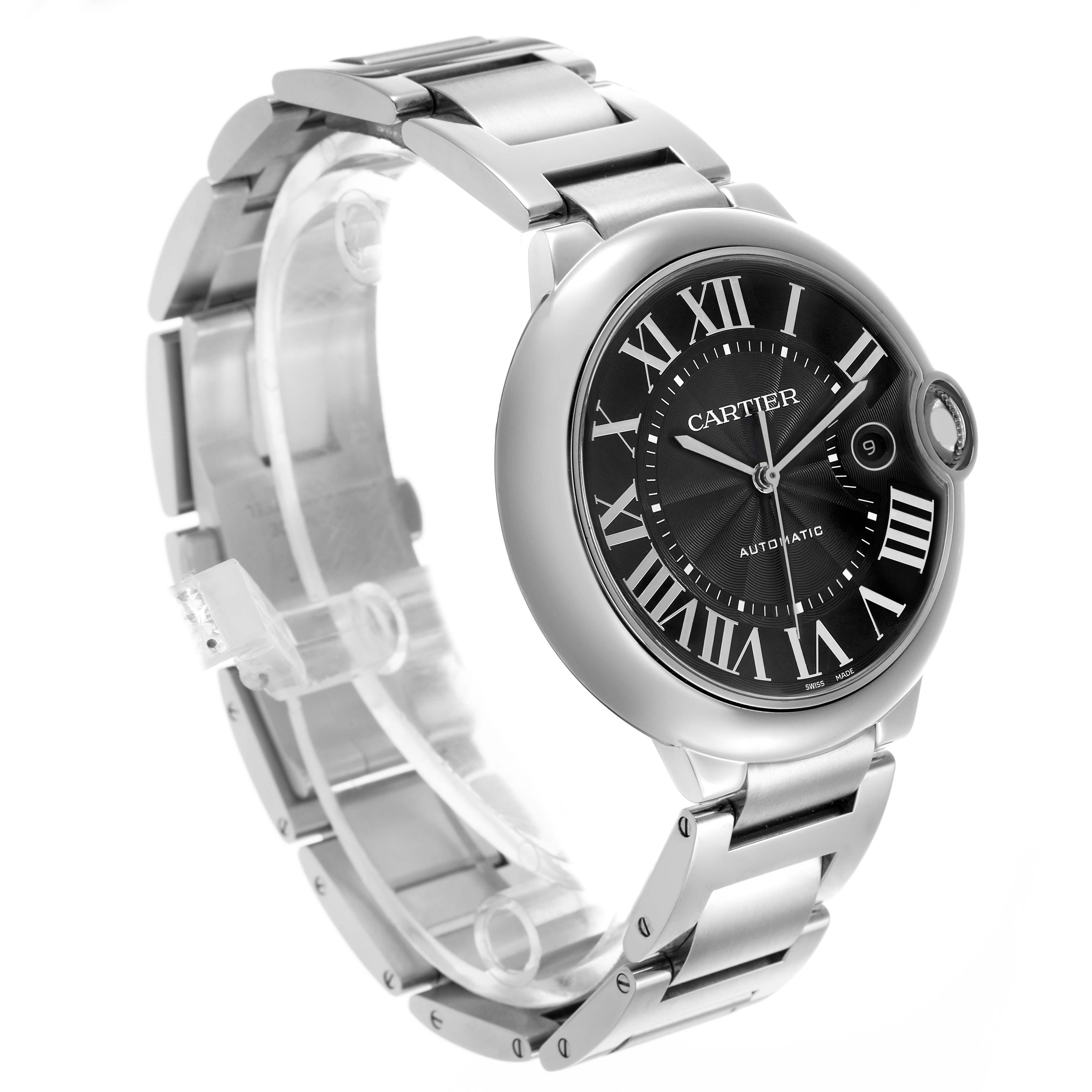 The Cartier Ballon Bleu W6920042 Mens Stainless Steel Black Dial watch is shown at a three-quarter angle, displaying the face, case, crown, and bracelet.