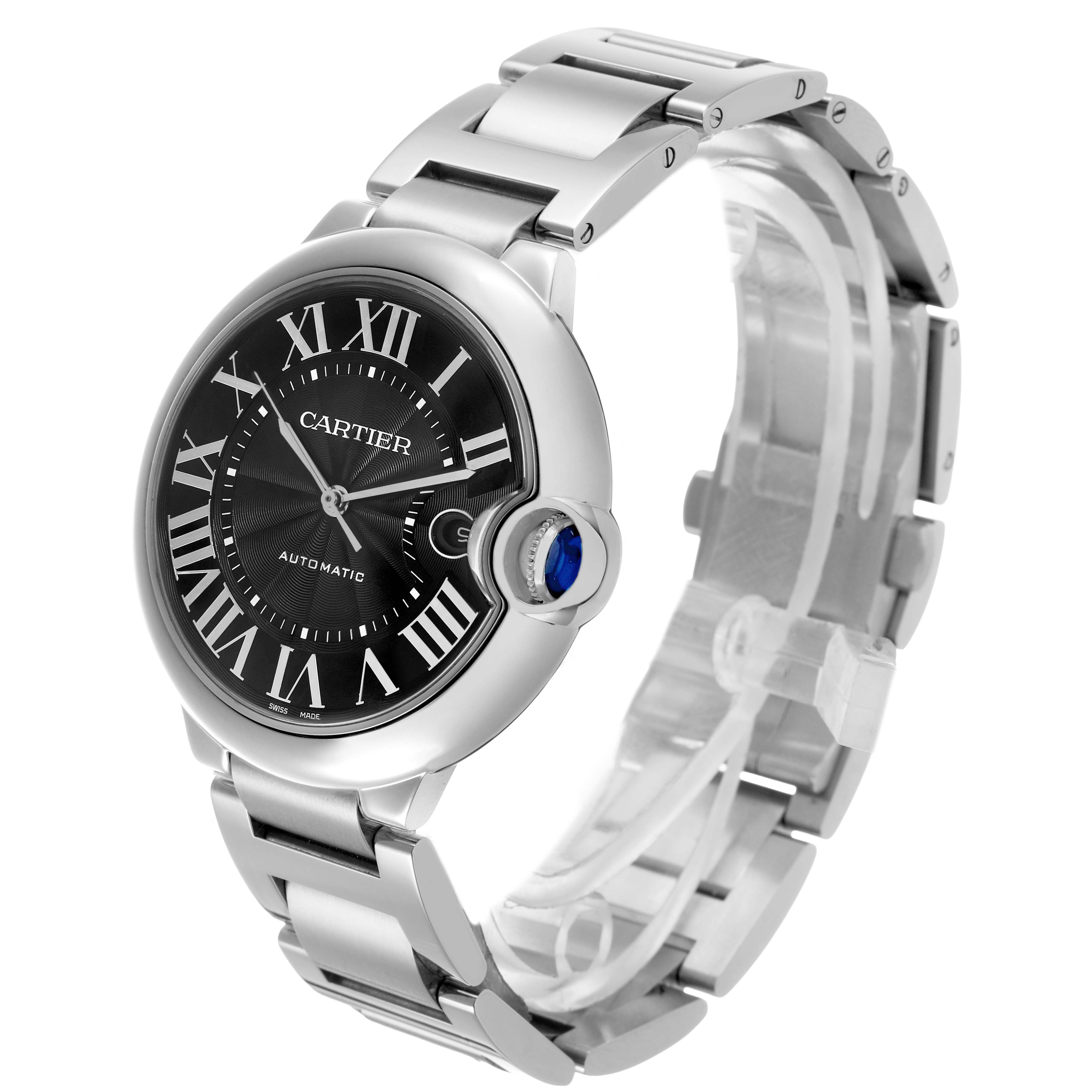 The Ballon Bleu by Cartier is displayed at a slight angle showing the face, bracelet, and crown with a prominent sapphire cabochon.