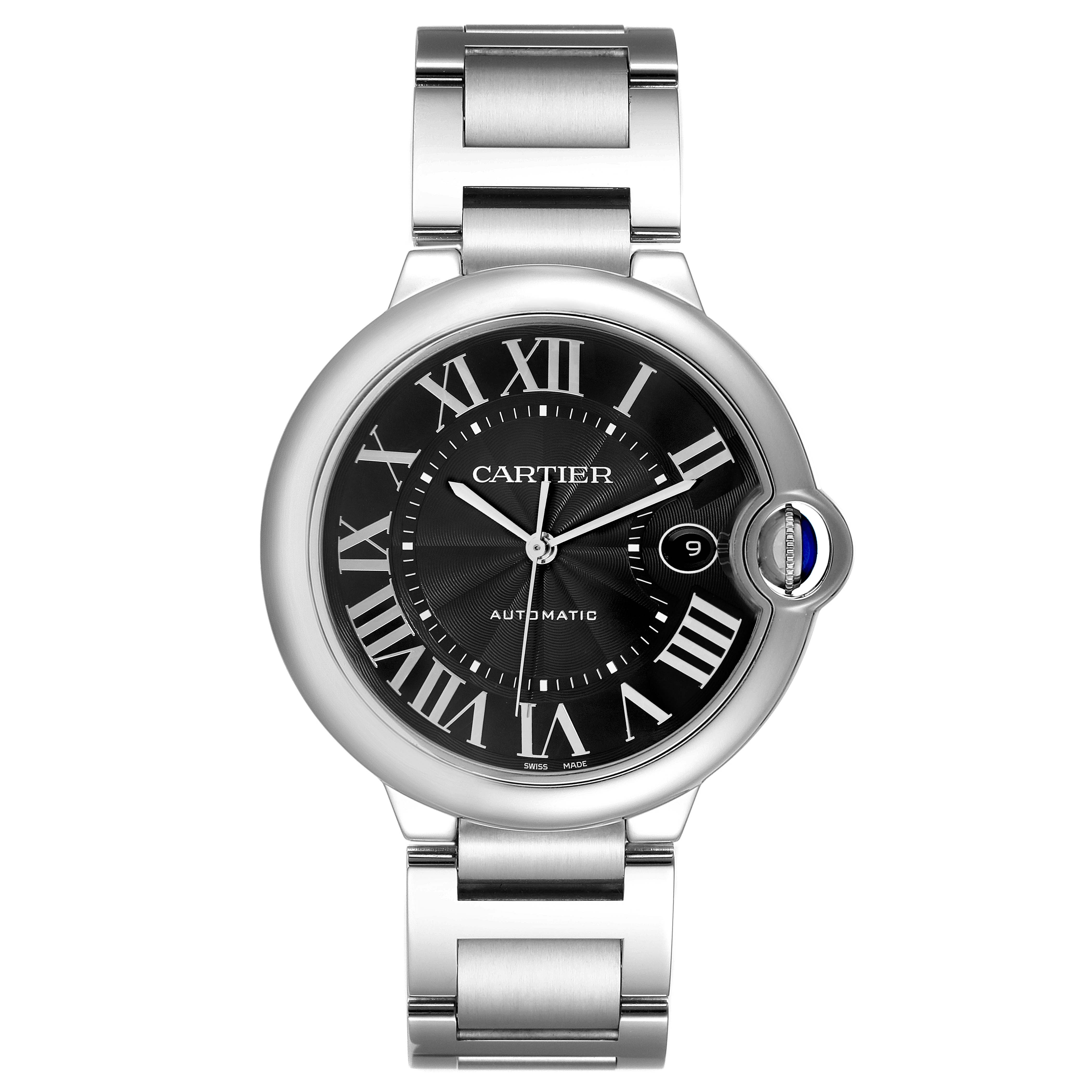 The Cartier Ballon Bleu W6920042 Men's Stainless Steel Black Dial watch is displayed from the front, showing the face, round case, and part of the metal bracelet.