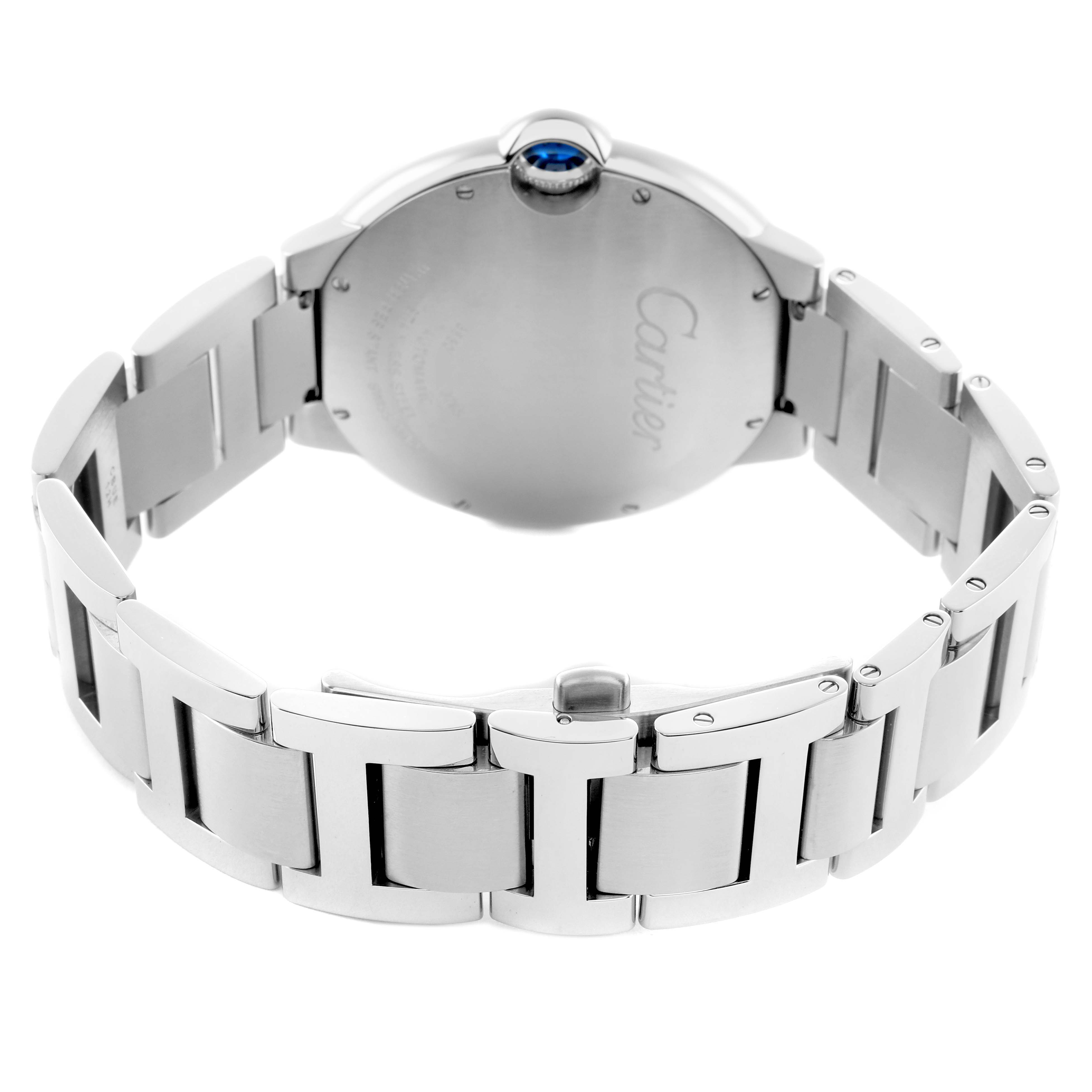 The image shows the back and bracelet of a Cartier Ballon Bleu W6920042 Men's Stainless Steel Black Dial watch, highlighting its clasp and a cabochon detail.