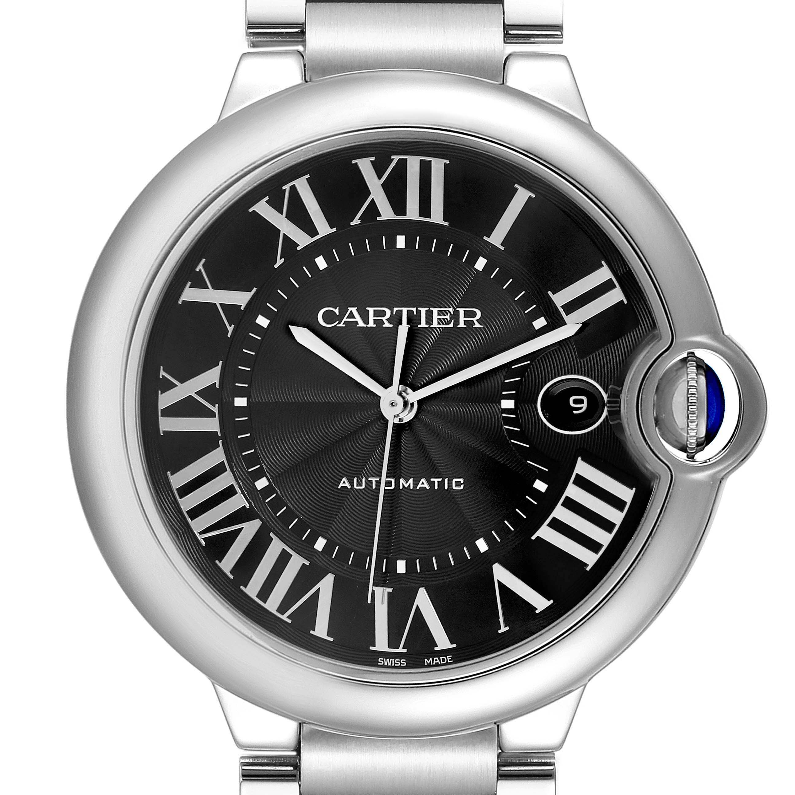 The image shows a close-up of the Cartier Ballon Bleu W6920042 Mens Stainless Steel Black Dial watch, highlighting the dial, Roman numerals, hands, and crown with a blue cabochon.