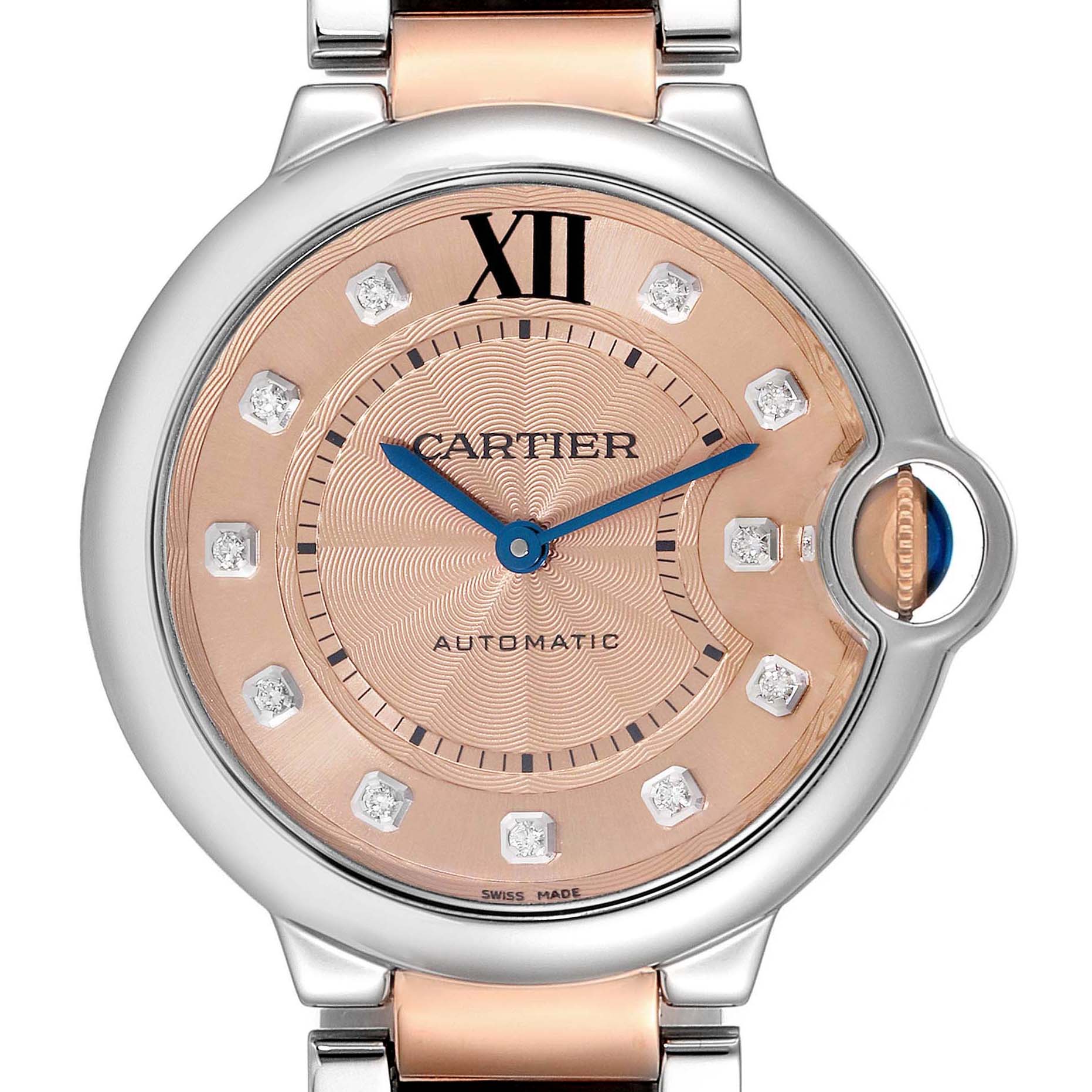 The image shows a front view of a Cartier Ballon Bleu WE902054 Women's Steel and Gold (two tone) Pink Dial WE902054 Women's Steel and Gold (two tone) Pink Dial watch displaying its face, bezel, and part of the bracelet.
