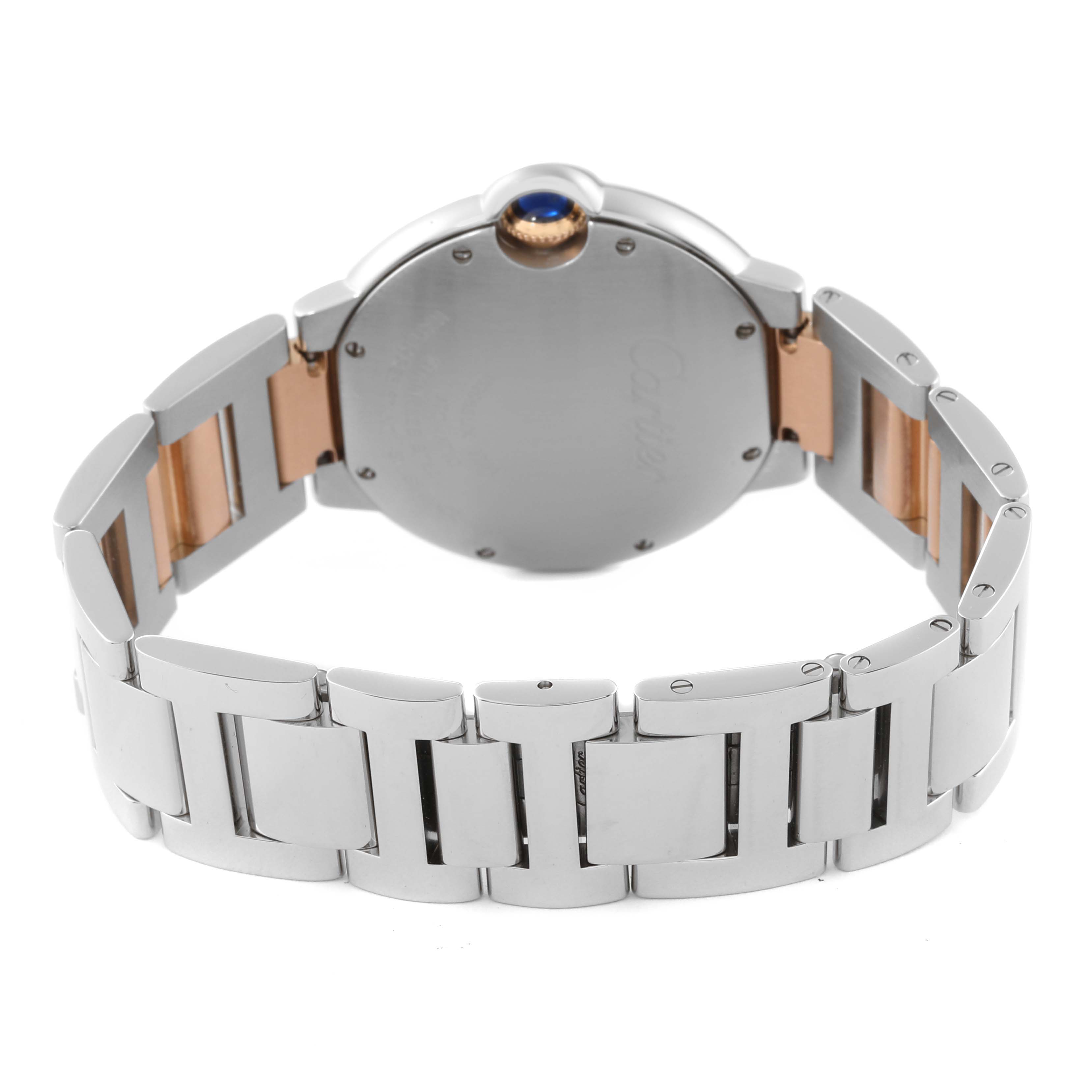 The image shows the back and part of the bracelet of a Cartier Ballon Bleu WE902054 Women's Steel and Gold (two tone) Pink Dial WE902054 Women's Steel and Gold (two tone) Pink Dial watch, highlighting its two-tone design.