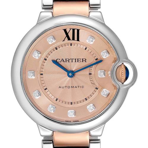 This image shows a close-up, front-facing view of the Cartier Ballon Bleu watch, highlighting the dial, hands, and part of the strap.