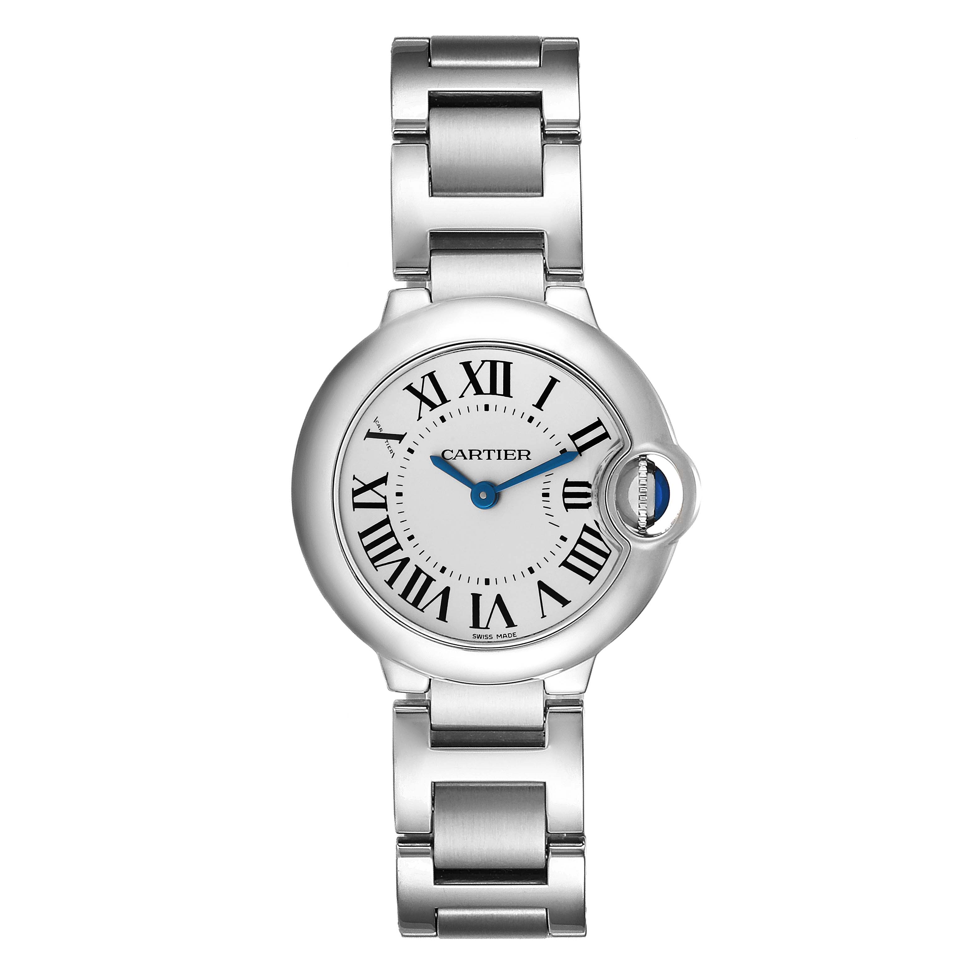 The image shows a front-facing view of a Cartier Ballon Bleu W69010Z4 Women's Stainless Steel Silver Dial W69010Z4 Women's Stainless Steel Silver Dial watch, including its face, bracelet, and crown.