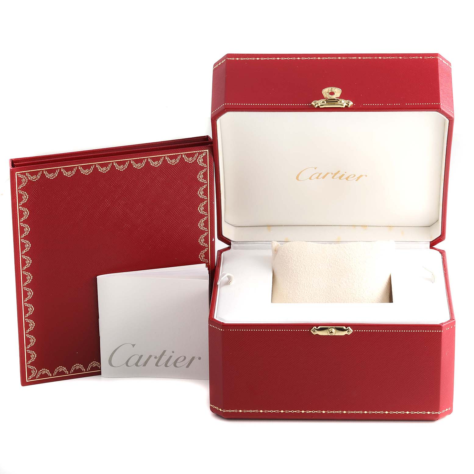 The image shows an open Cartier Ballon Bleu W69010Z4 Women's Stainless Steel Silver Dial W69010Z4 Women's Stainless Steel Silver Dial watch box and accessories, including the red exterior box and white booklet.