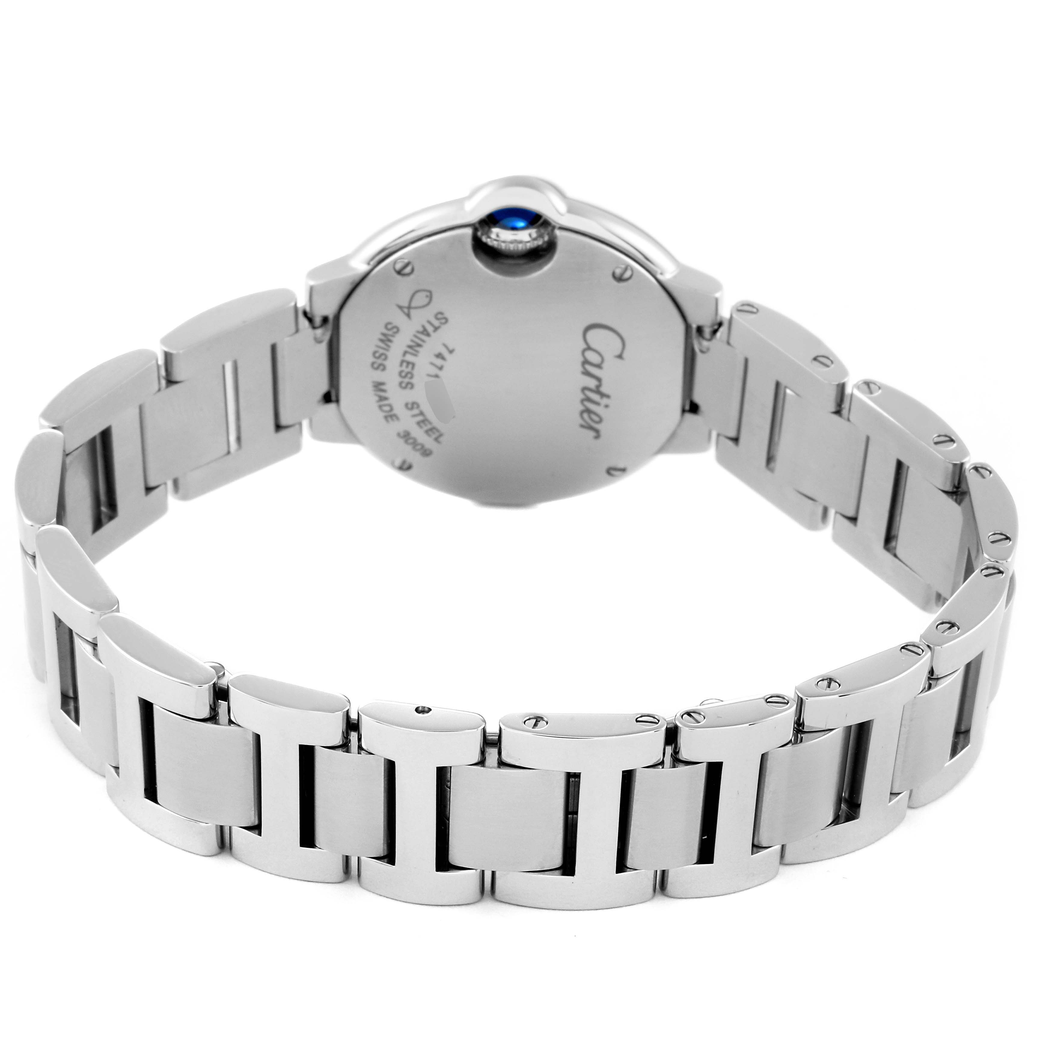 This image shows the back and stainless steel bracelet of the Cartier Ballon Bleu W69010Z4 Women's Stainless Steel Silver Dial W69010Z4 Women's Stainless Steel Silver Dial watch, highlighting the case back and bracelet links.