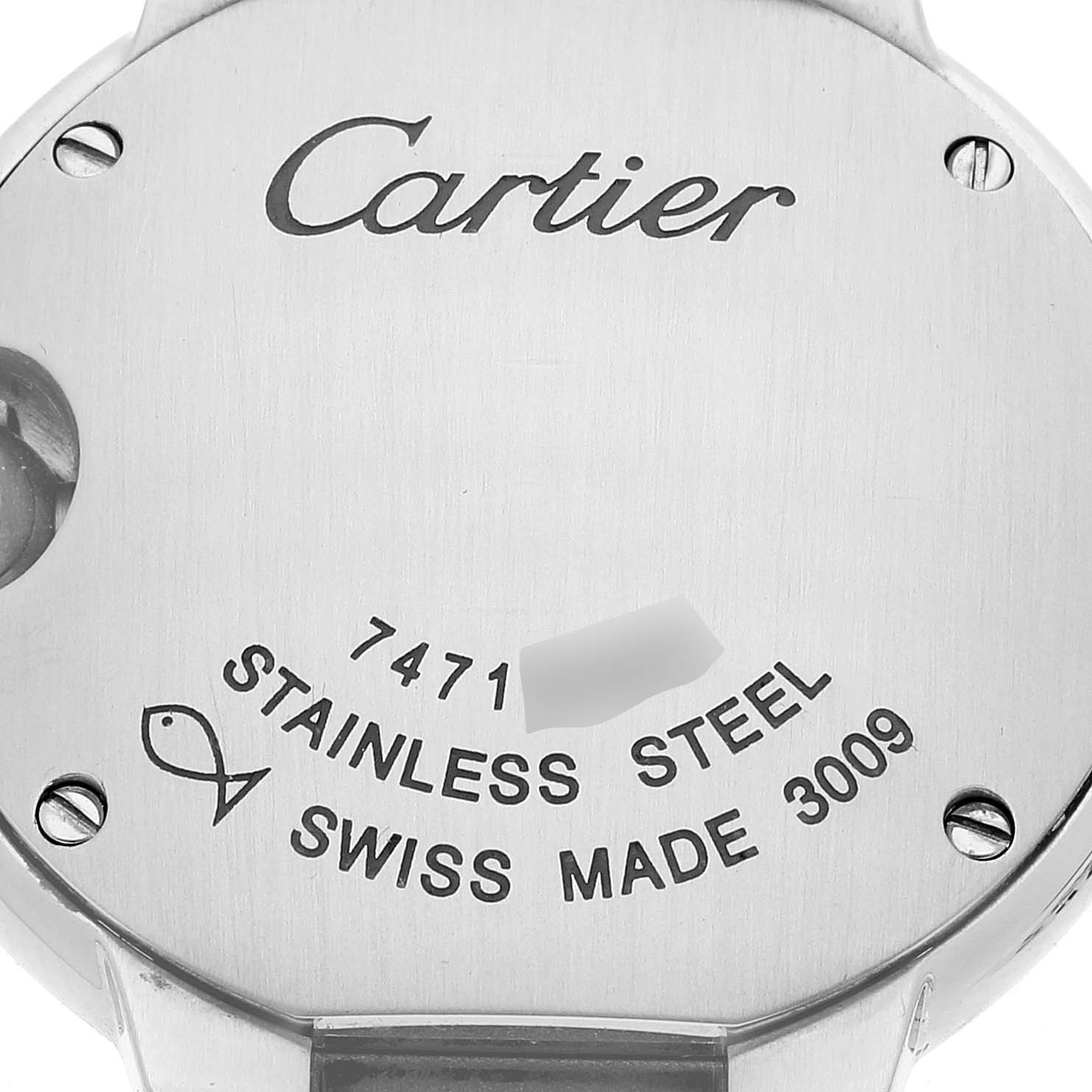 This image shows the back case of the Cartier Ballon Bleu W69010Z4 Women's Stainless Steel Silver Dial W69010Z4 Women's Stainless Steel Silver Dial watch with inscriptions detailing material and origin.
