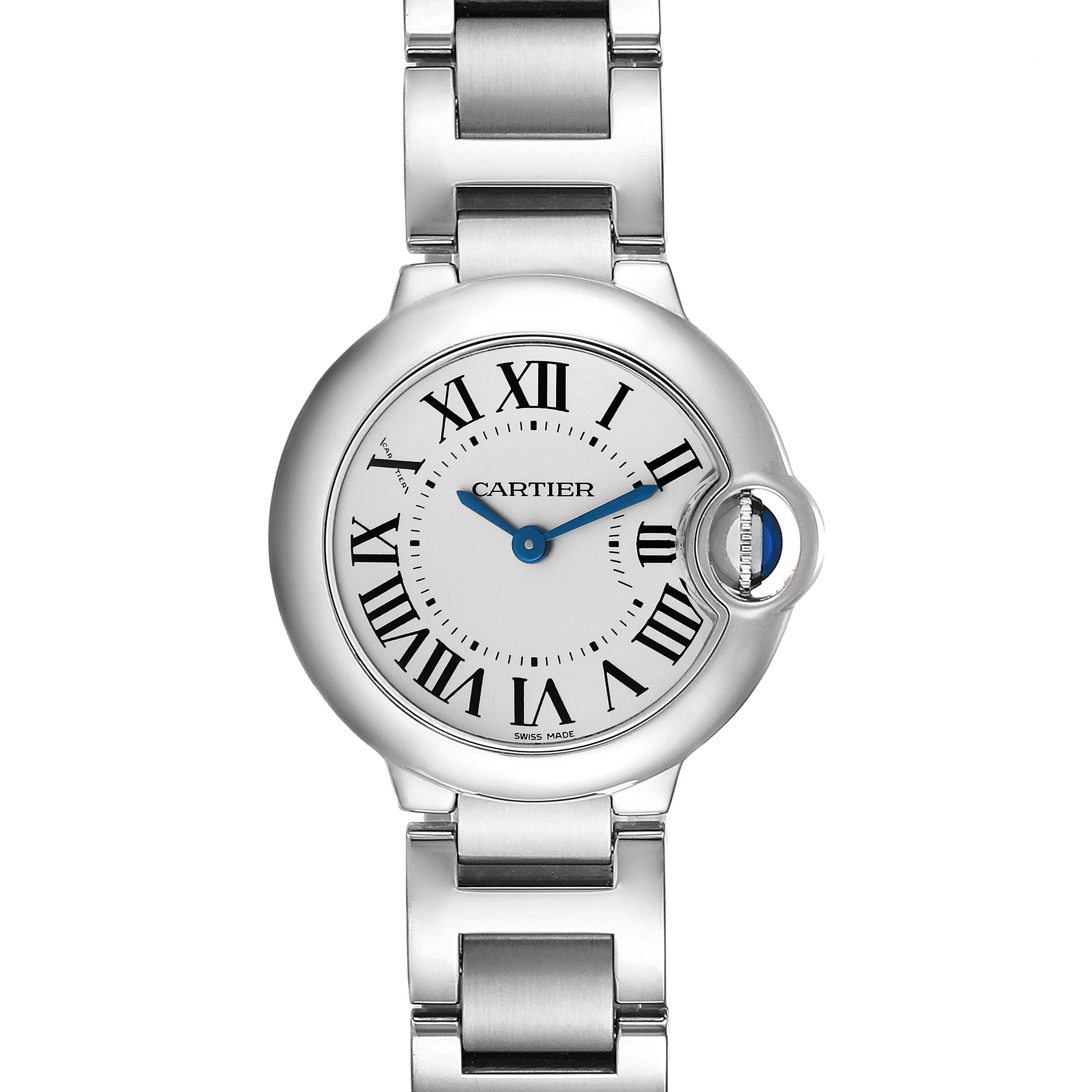 The image shows a front view of a Cartier Ballon Bleu W69010Z4 Women's Stainless Steel Silver Dial W69010Z4 Women's Stainless Steel Silver Dial watch, displaying its face, Roman numerals, and metal bracelet.