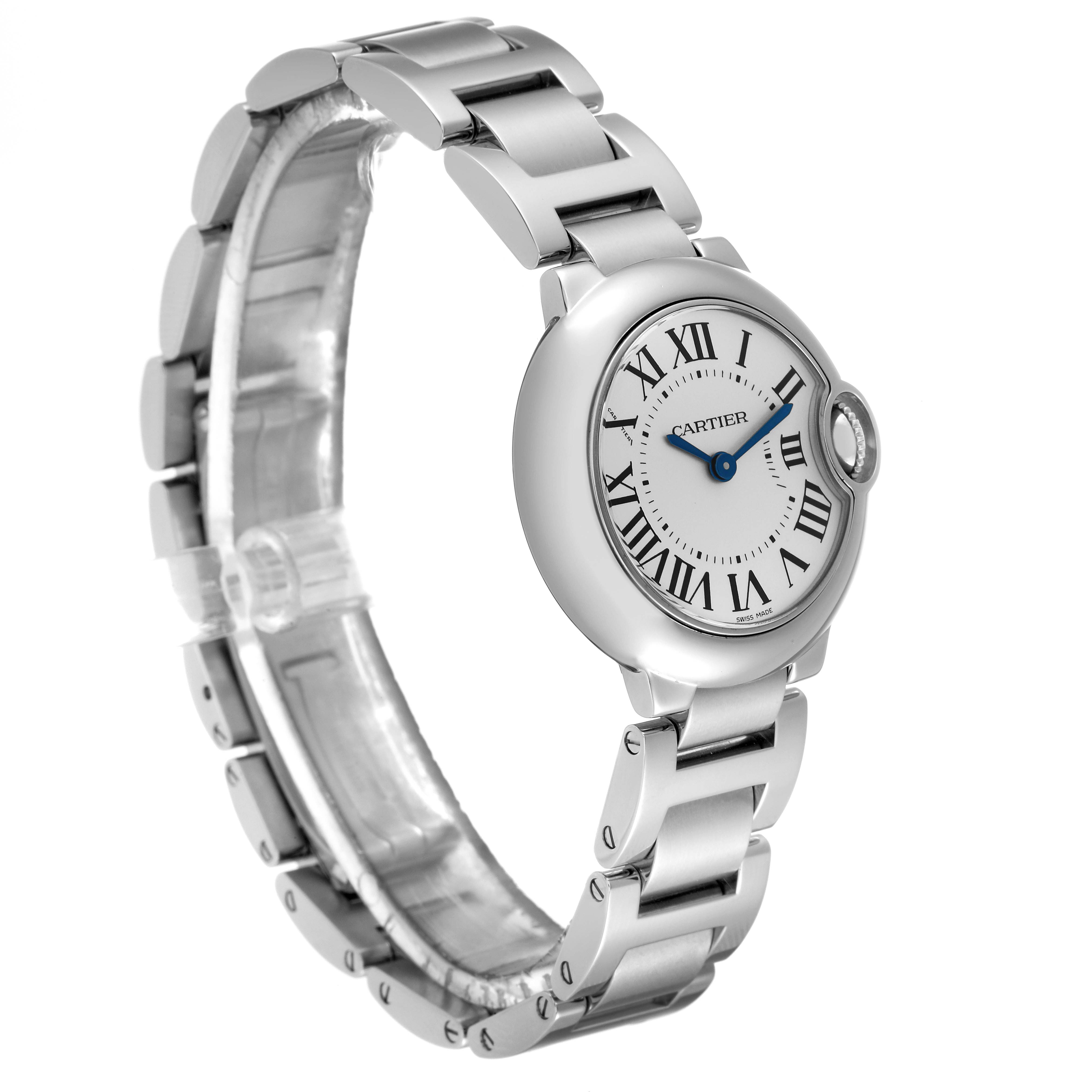 The image shows a side angle of the Ballon Bleu by Cartier, displaying its bracelet and face with Roman numerals.