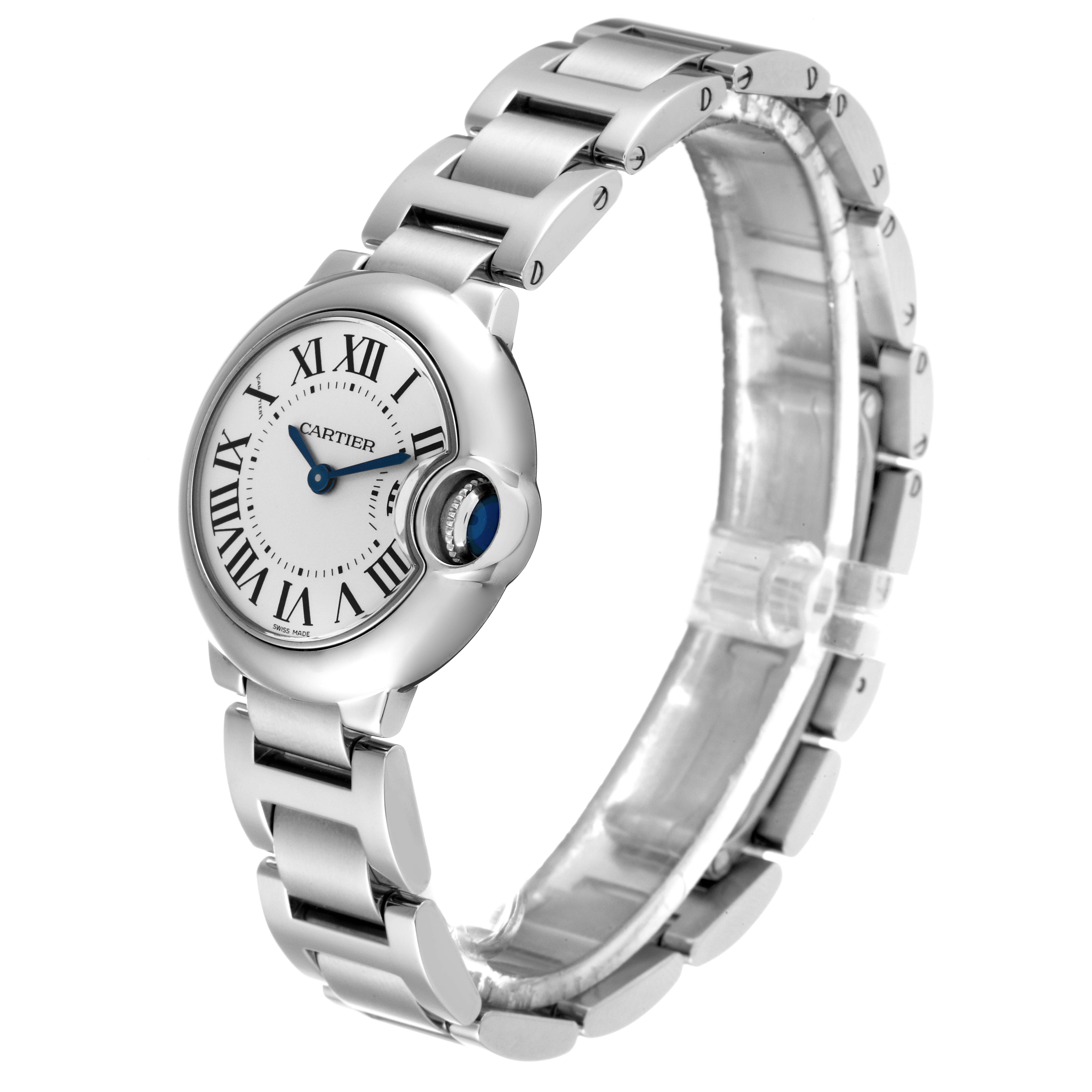 The image shows a side view of a Ballon Bleu model by Cartier, highlighting the watch face, bracelet, and crown.