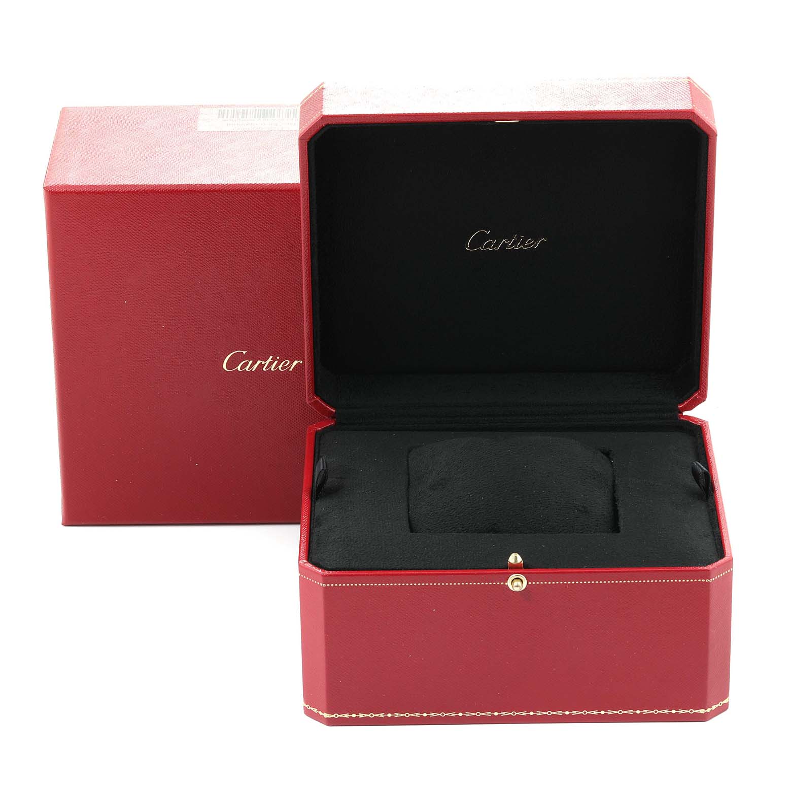 The image shows the red presentation box and packaging for the Cartier Panthere W4PN0008 Women's Stainless Steel Silver Dial W4PN0008 Women's Stainless Steel Silver Dial model watch, with the box open and empty.
