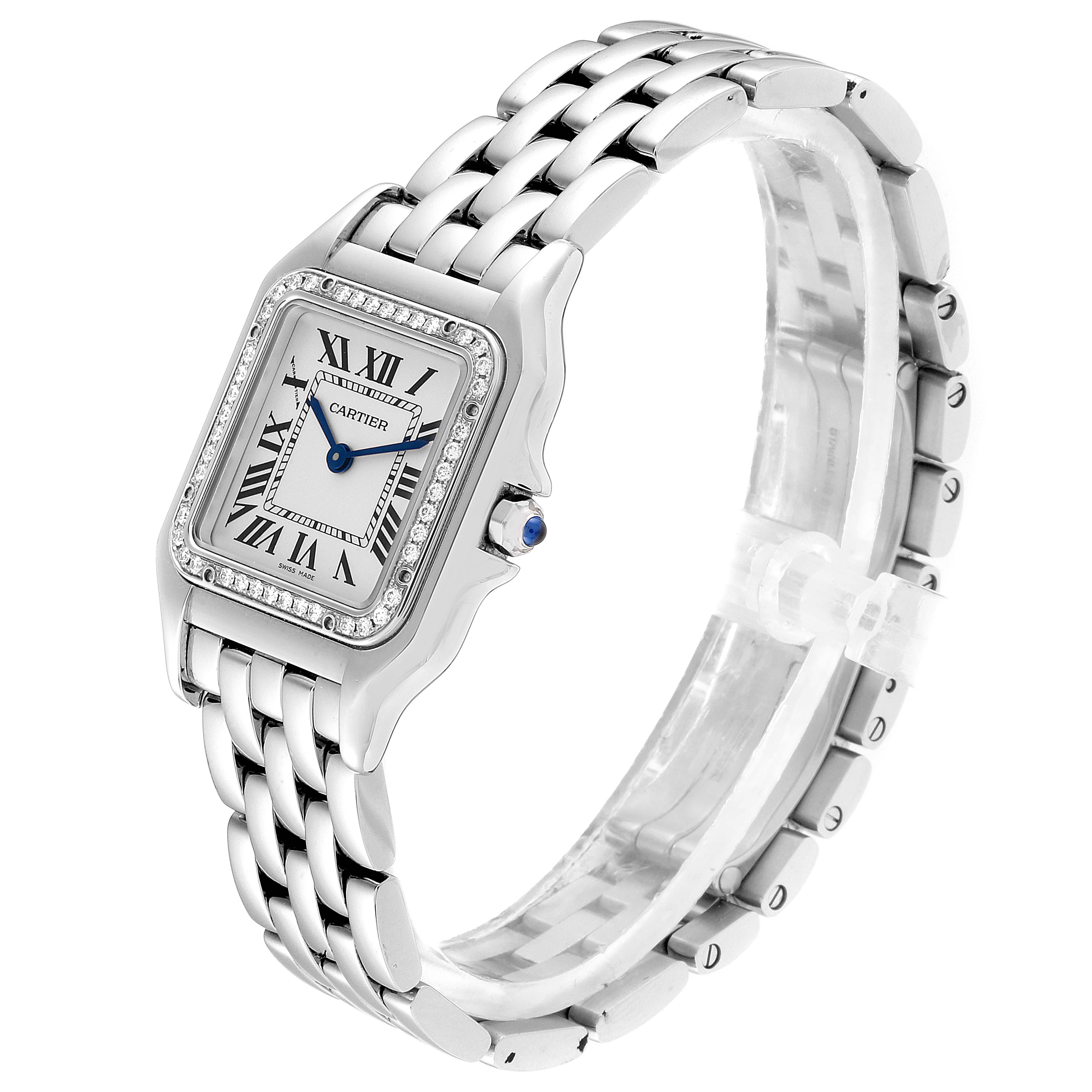 The image shows a Cartier Panthere W4PN0008 Women's Stainless Steel Silver Dial W4PN0008 Women's Stainless Steel Silver Dial watch at a slight angle, highlighting the face, bezel, crown, and band.