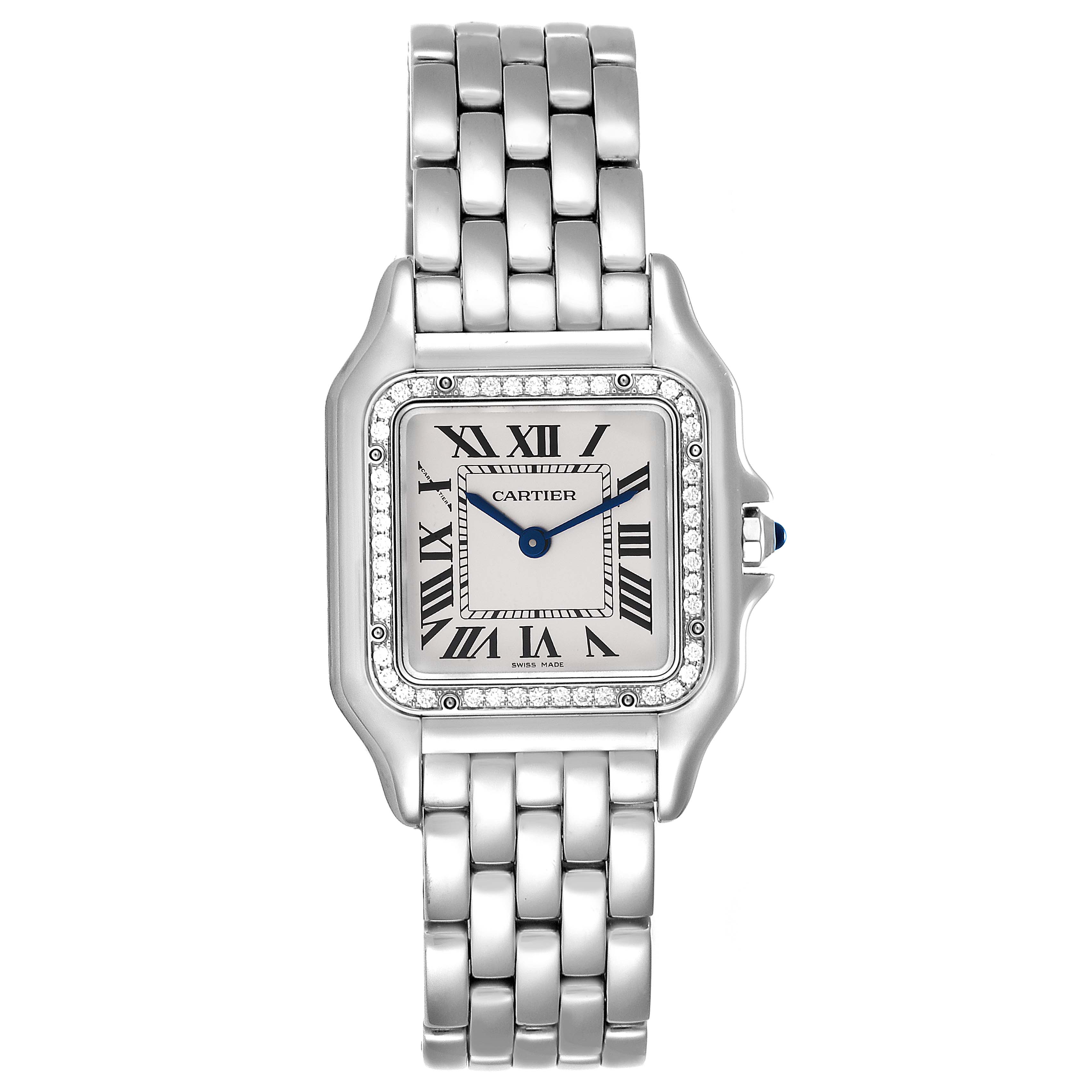 The image shows a full view of a Cartier Panthere W4PN0008 Women's Stainless Steel Silver Dial W4PN0008 Women's Stainless Steel Silver Dial watch, highlighting the face, bezel, and bracelet.