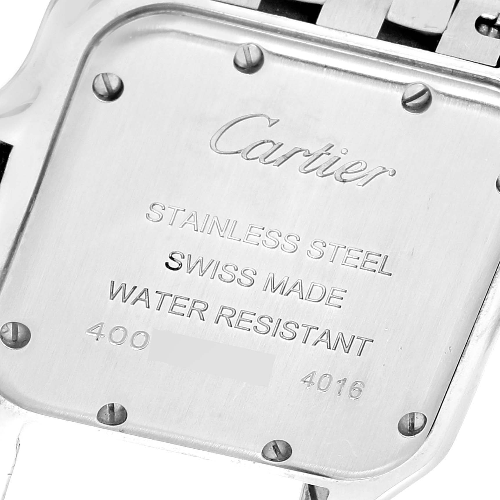 The image shows the stainless steel case back of a Panthere model watch by Cartier, viewed from a reverse angle.