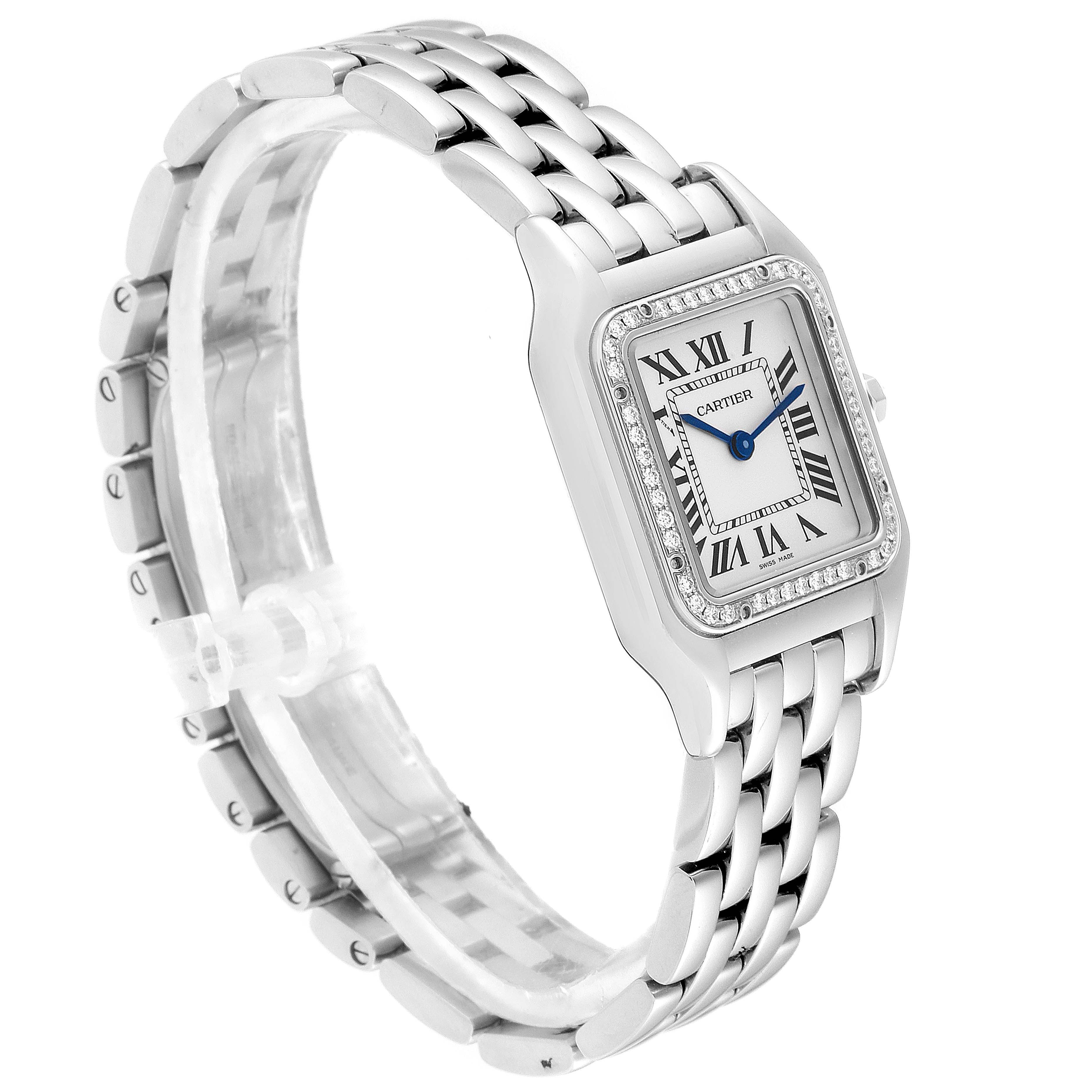 The image shows a front angled view of a Cartier Panthere W4PN0008 Women's Stainless Steel Silver Dial W4PN0008 Women's Stainless Steel Silver Dial model watch, highlighting its bracelet, face, and bezel.