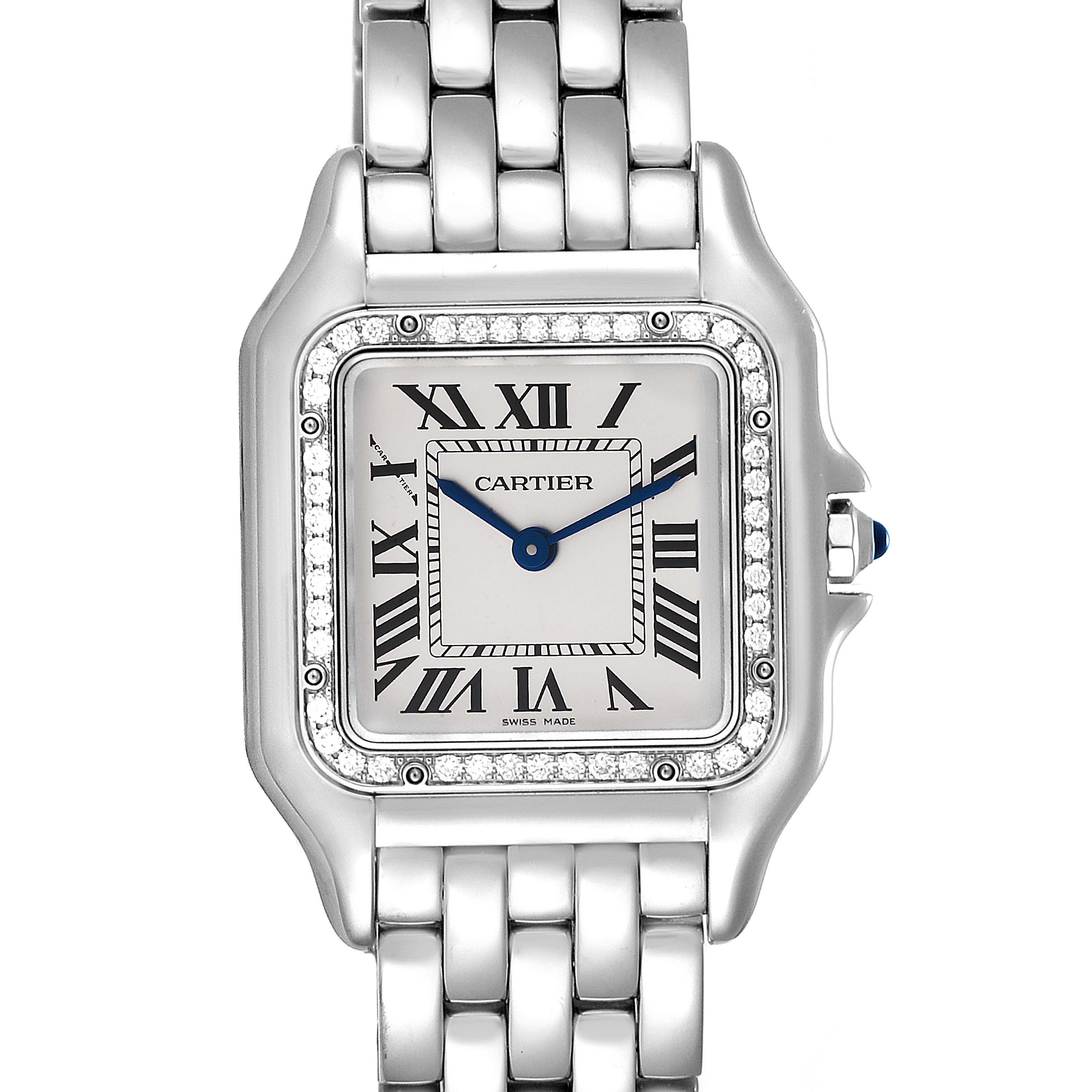 The image shows a front view of a Panthere model by Cartier, highlighting the dial, bezel, and part of the bracelet.