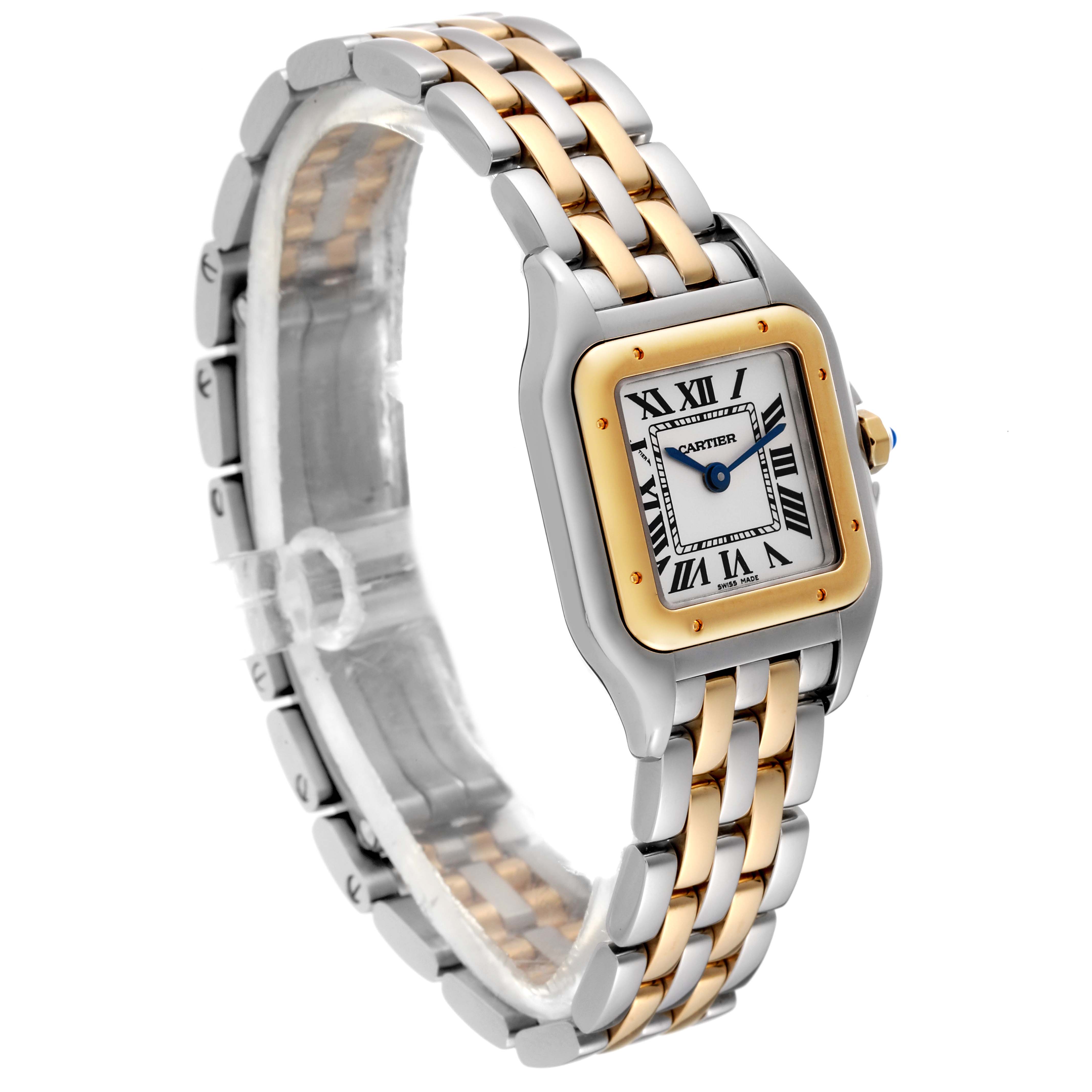 The Cartier Panthère model watch is shown at a three-quarter angle, featuring its two-tone bracelet and square face with Roman numeral markers.