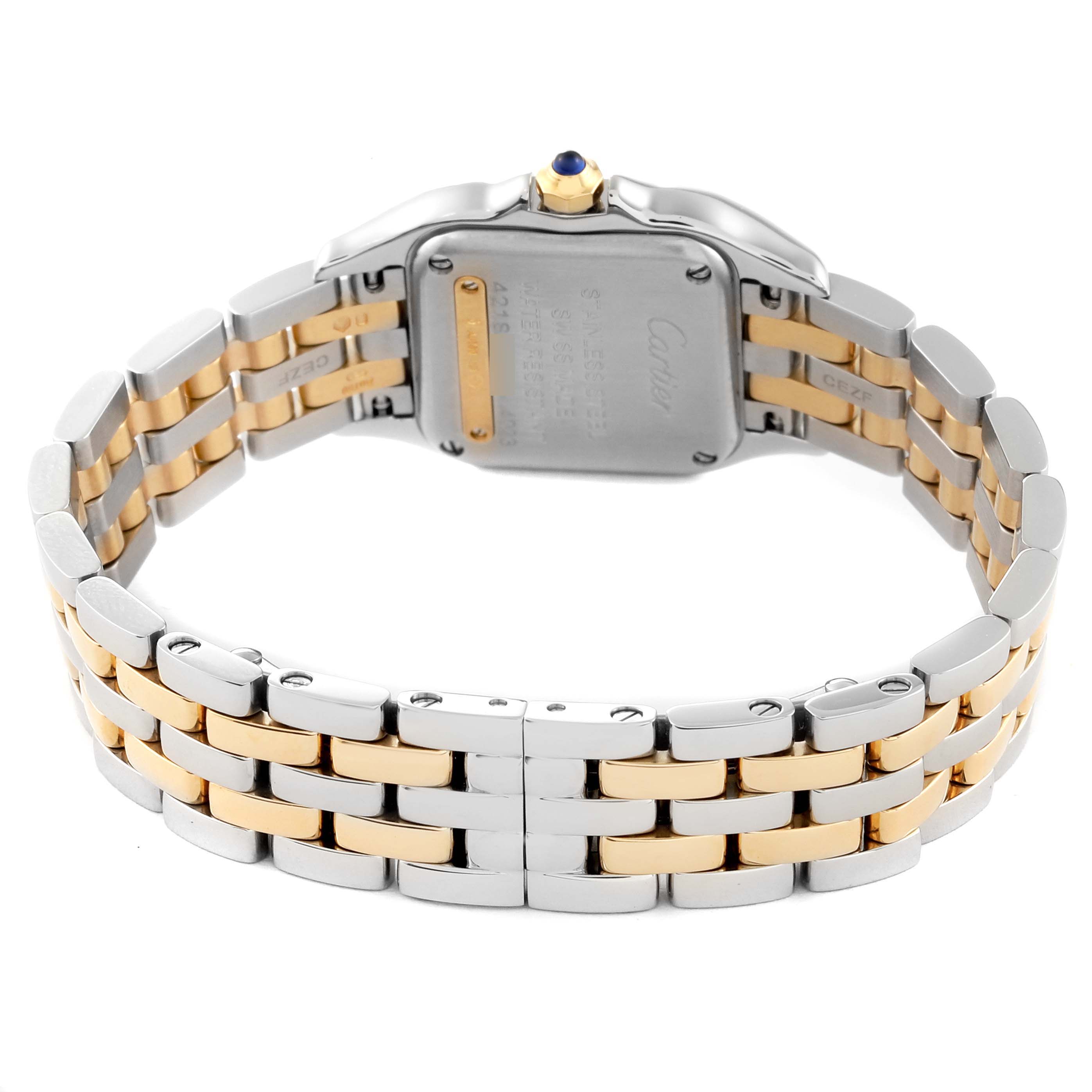This Cartier Panthere W2PN0006 Women's Steel and Gold (two tone) Silver Dial W2PN0006 Women's Steel and Gold (two tone) Silver Dial watch is shown from the back, highlighting its two-tone bracelet and case back.