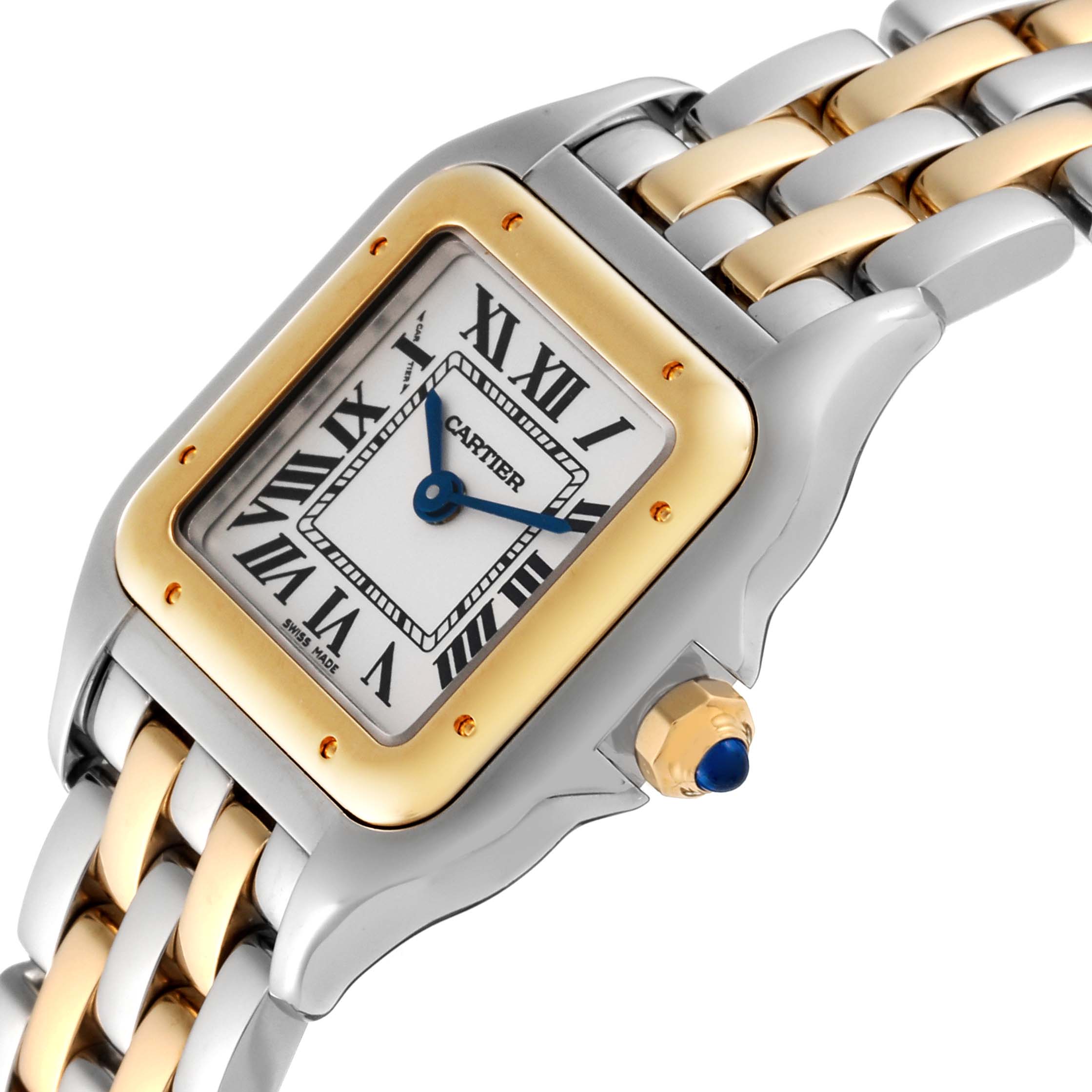 The image shows a close-up angle of a Cartier Panthere W2PN0006 Women's Steel and Gold (two tone) Silver Dial W2PN0006 Women's Steel and Gold (two tone) Silver Dial watch, highlighting its dual-tone bracelet and dial.