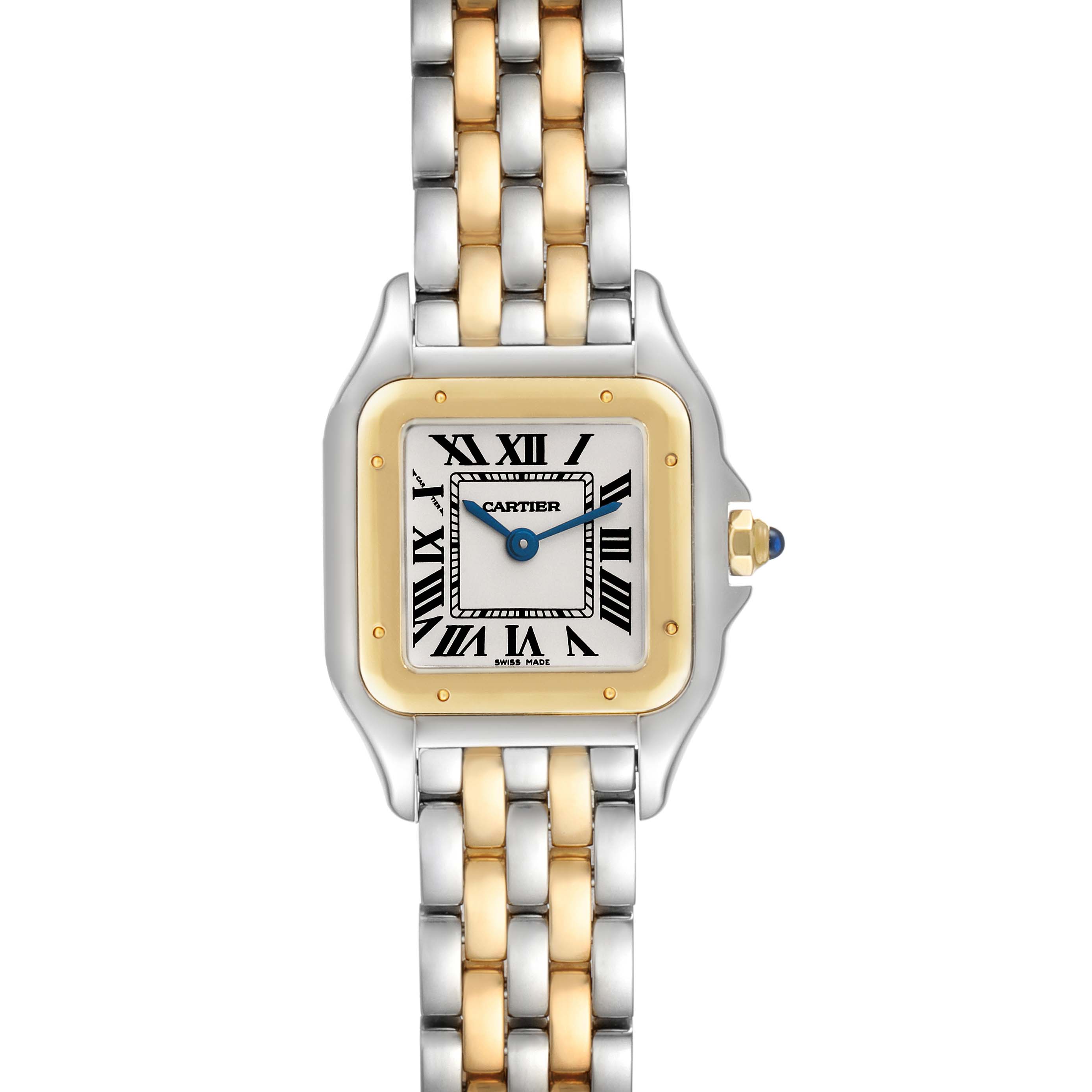 The Cartier Panthère watch is shown from the front, displaying its face, bezel, and part of the two-tone bracelet.