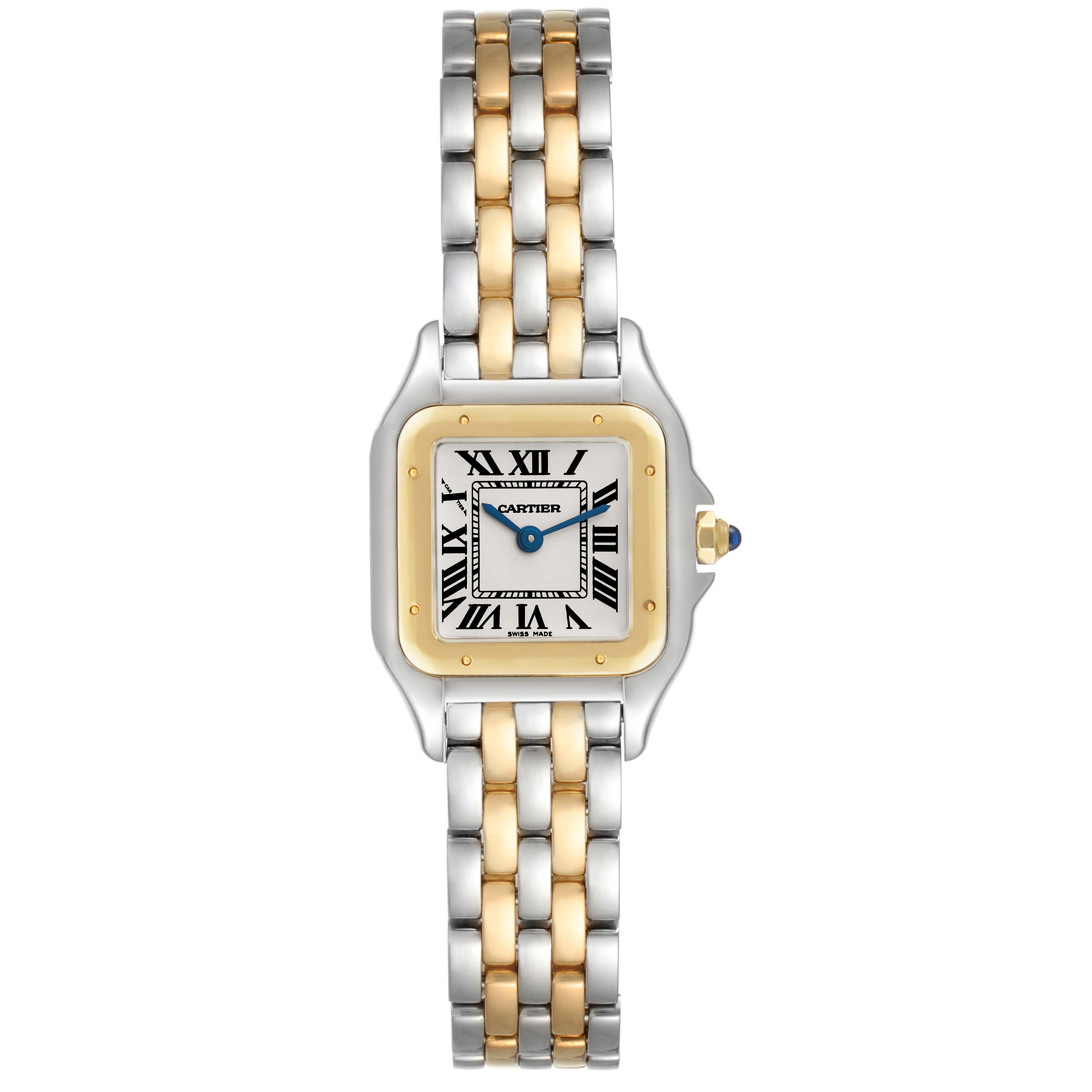 This image shows a front view of a Cartier Panthere W2PN0006 Women's Steel and Gold (two tone) Silver Dial W2PN0006 Women's Steel and Gold (two tone) Silver Dial watch, highlighting its face, bezel, and two-tone metal bracelet.
