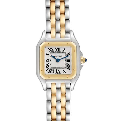 The image shows a front view of the Cartier Panthere watch, highlighting its face and two-tone bracelet.