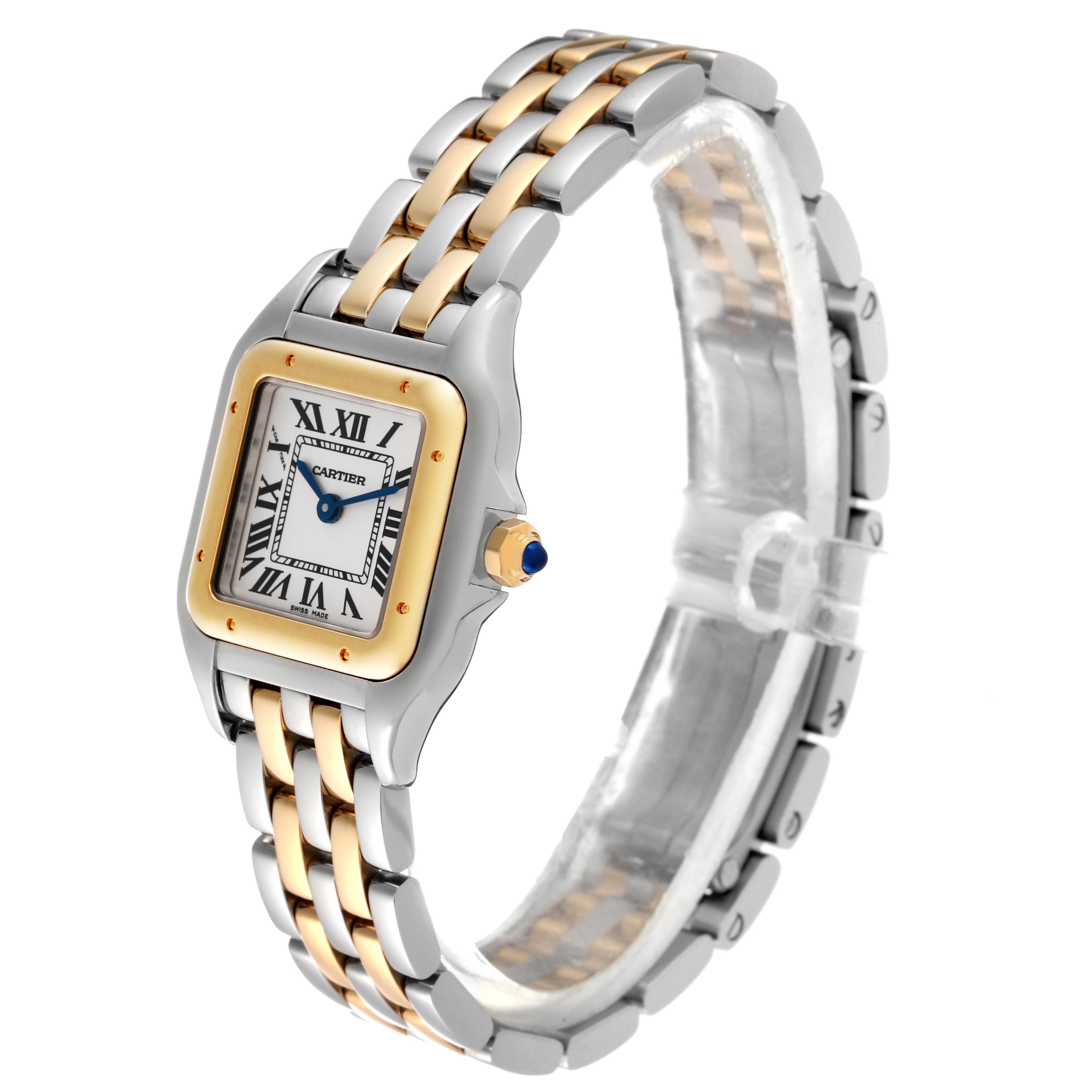 The image shows a Cartier Panthere W2PN0006 Women's Steel and Gold (two tone) Silver Dial W2PN0006 Women's Steel and Gold (two tone) Silver Dial watch from an angled view, highlighting its face, bezel, and two-tone bracelet.