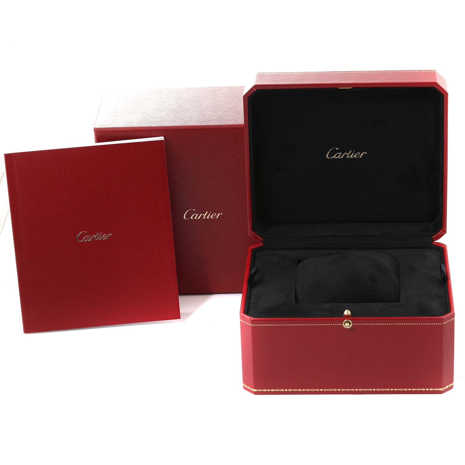 The image shows a Cartier Panthere W25014B9 Men
s Yellow Gold Silver Dial W25014B9 Men
s Yellow Gold Silver Dial watch
s red packaging, including an open box and booklet, viewed from the front.