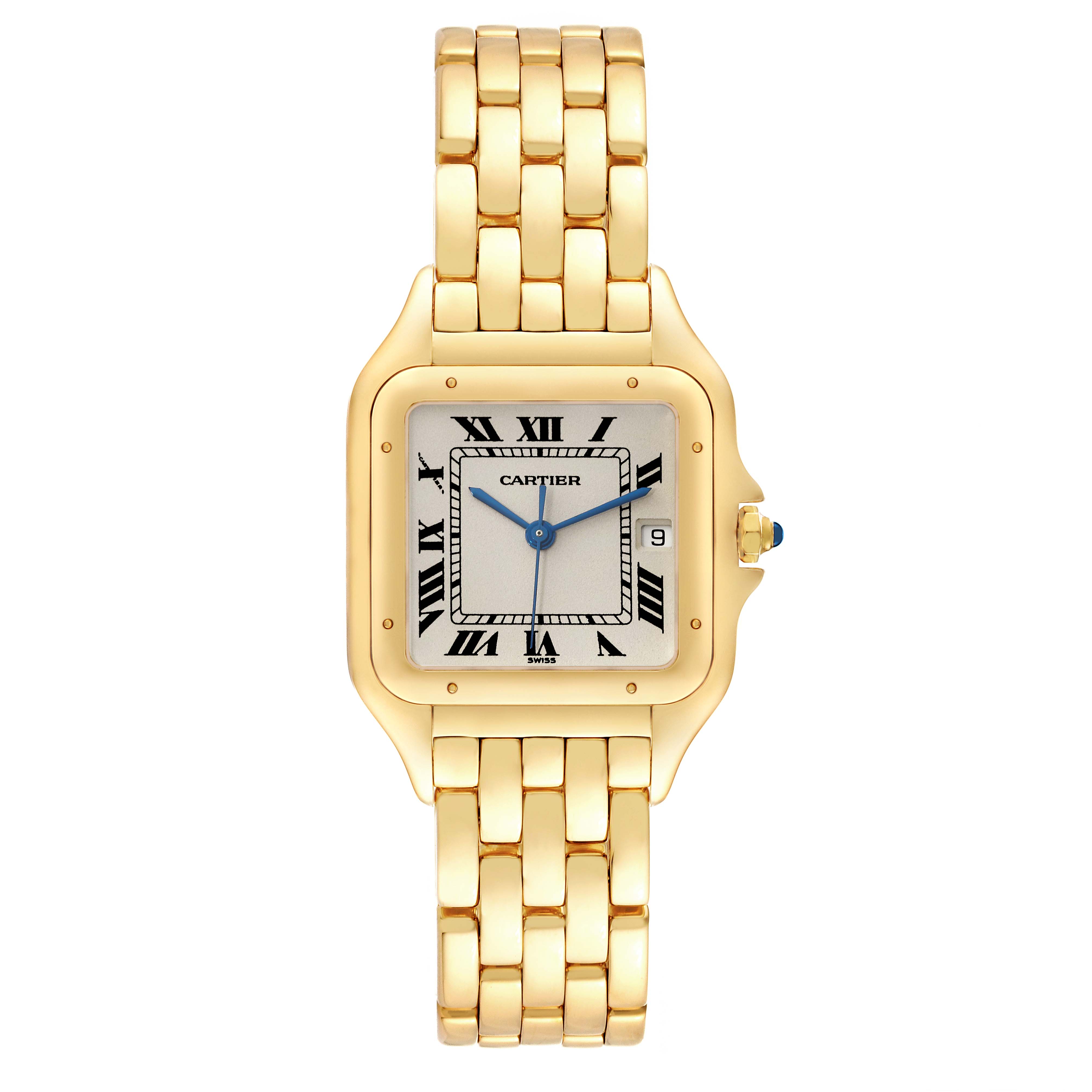 The image shows a front view of a Cartier Panthere W25014B9 Men
s Yellow Gold Silver Dial W25014B9 Men
s Yellow Gold Silver Dial watch, highlighting the gold bracelet, square case, and Roman numeral dial with blue hands.