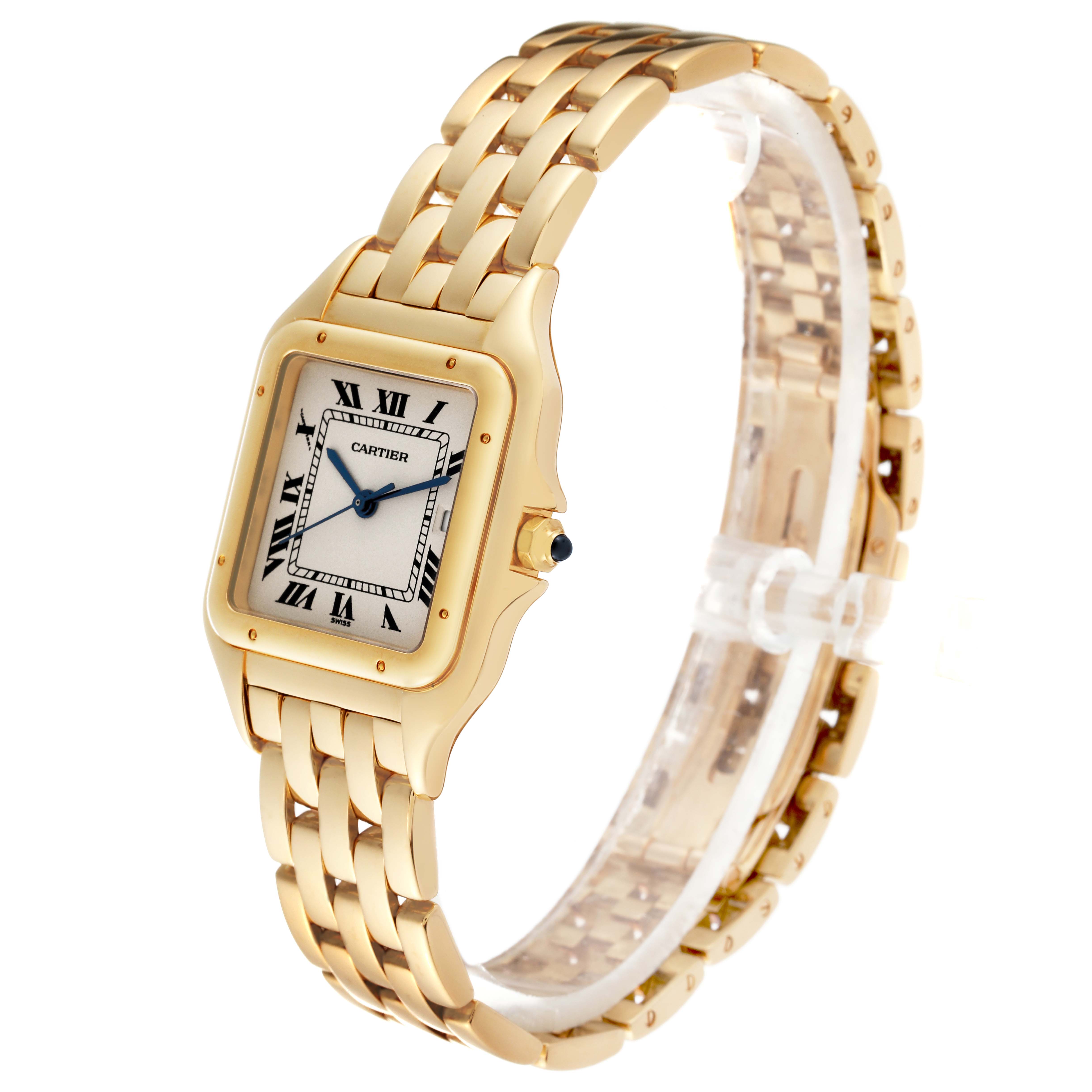 The image shows a Cartier Panthere W25014B9 Men
s Yellow Gold Silver Dial W25014B9 Men
s Yellow Gold Silver Dial watch angled to display its face, bracelet, and side crown.
