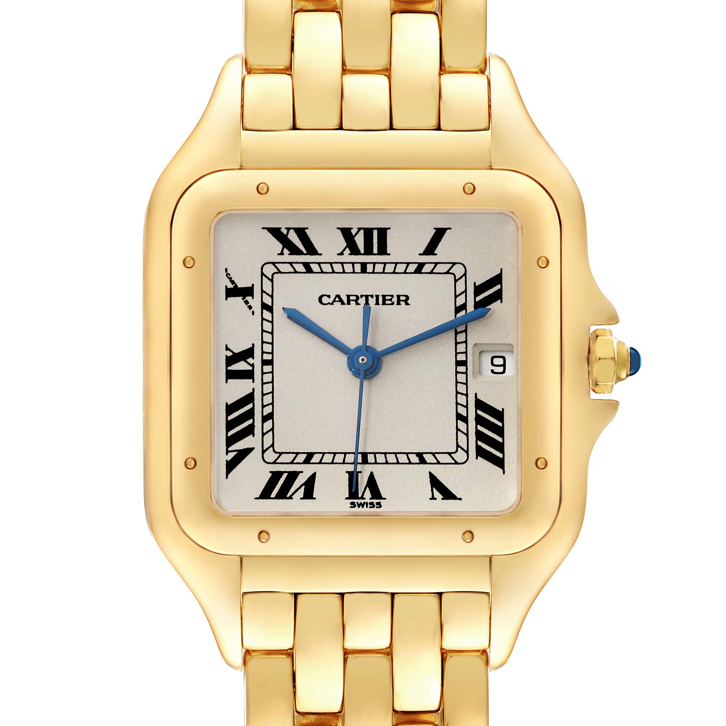 This image shows a close-up, front view of the Cartier Panthere W25014B9 Men
s Yellow Gold Silver Dial W25014B9 Men
s Yellow Gold Silver Dial watch, featuring its dial, case, and part of the bracelet.