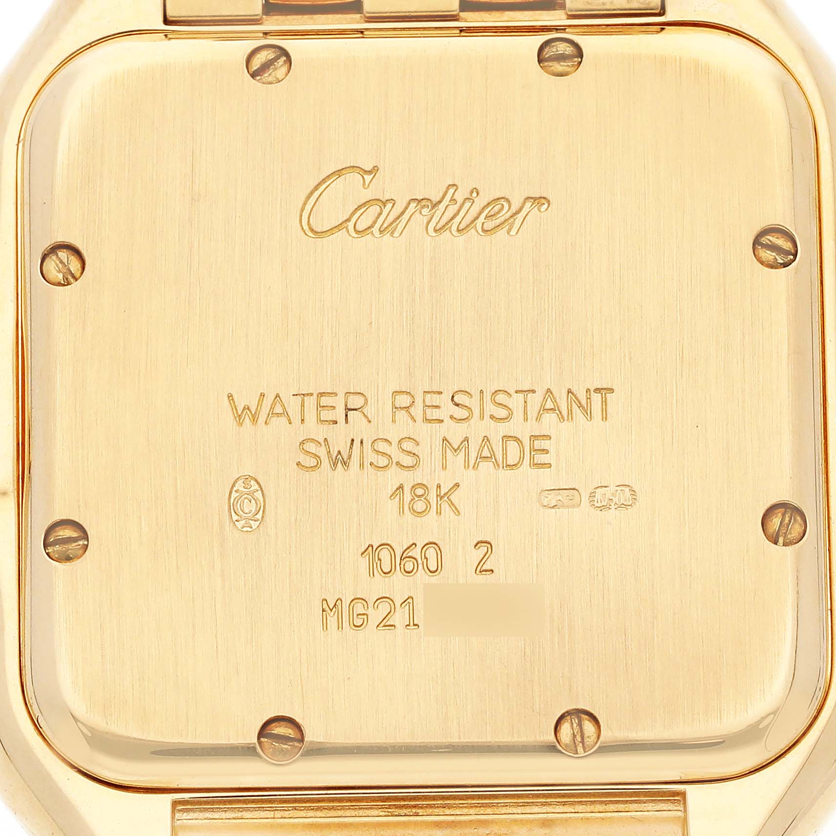 The image shows the back case of a Cartier Panthere W25014B9 Men
s Yellow Gold Silver Dial W25014B9 Men
s Yellow Gold Silver Dial watch with its engravings and screws visible.