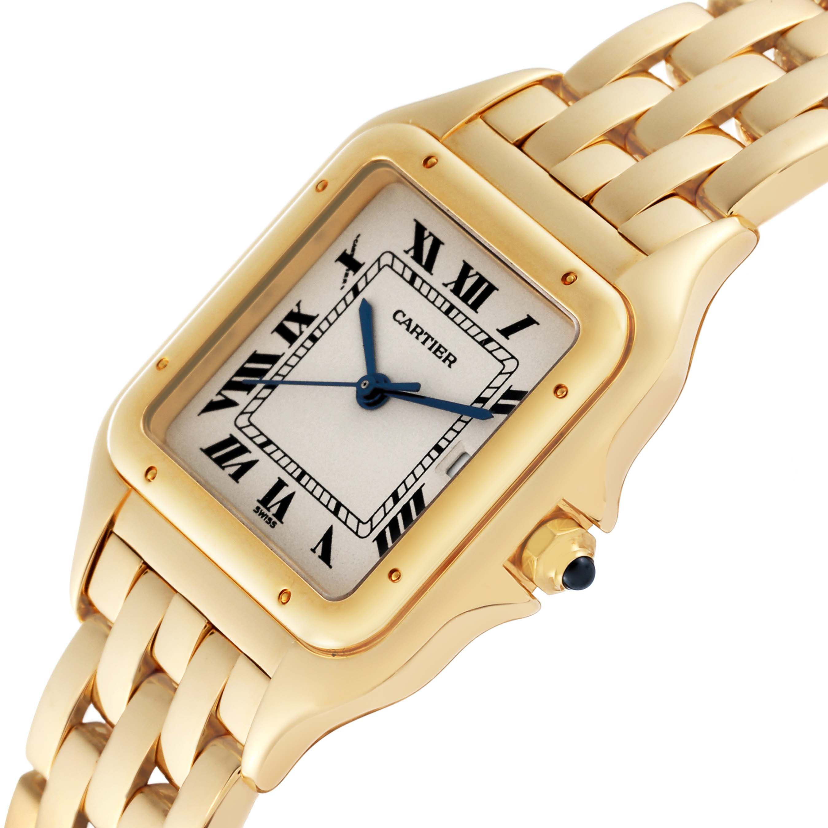 The Panthere model by Cartier is shown from an angle highlighting its gold bracelet, case, and Roman numeral dial.