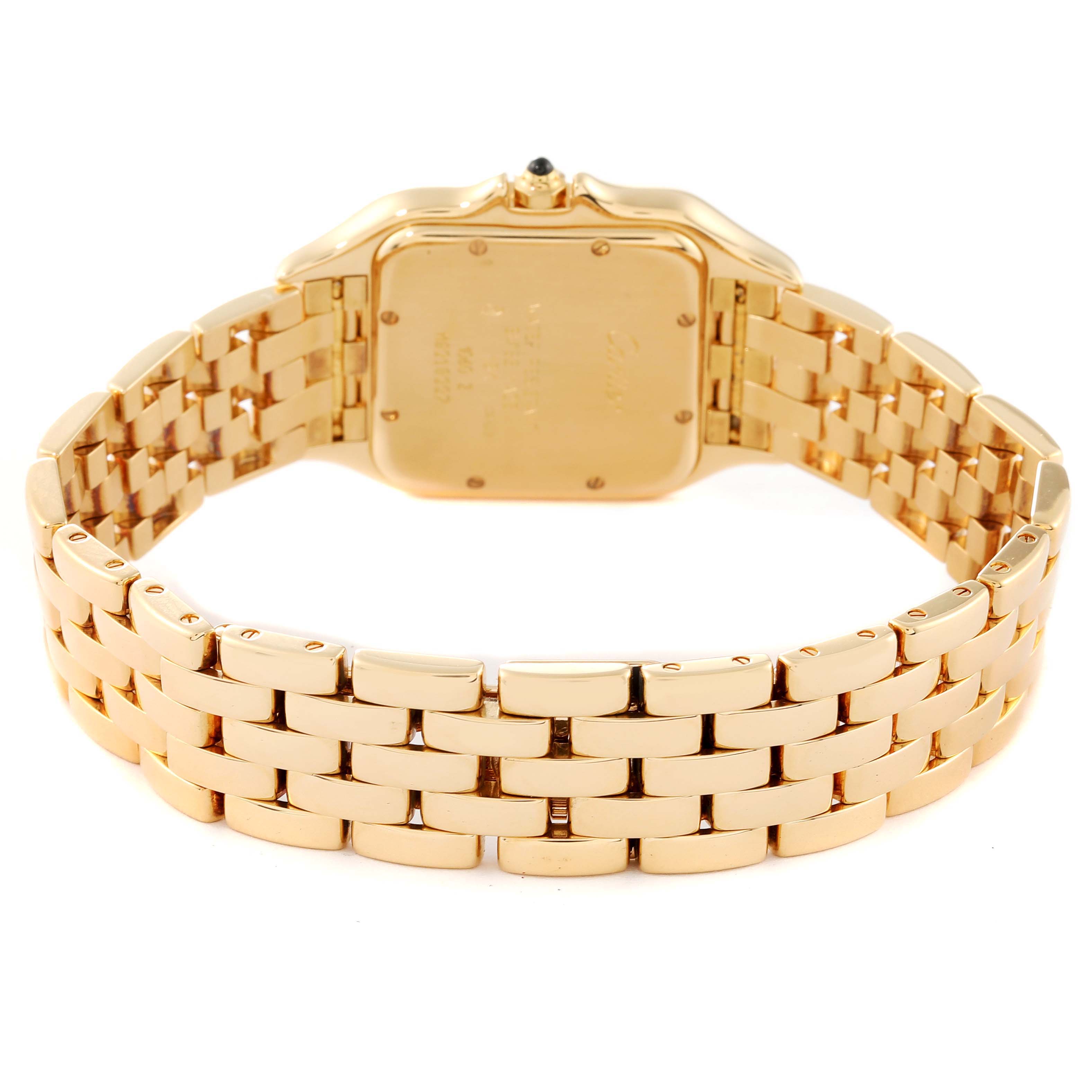 The image shows the back view of a Cartier Panthere W25014B9 Men
s Yellow Gold Silver Dial W25014B9 Men
s Yellow Gold Silver Dial watch, highlighting its gold case and bracelet.