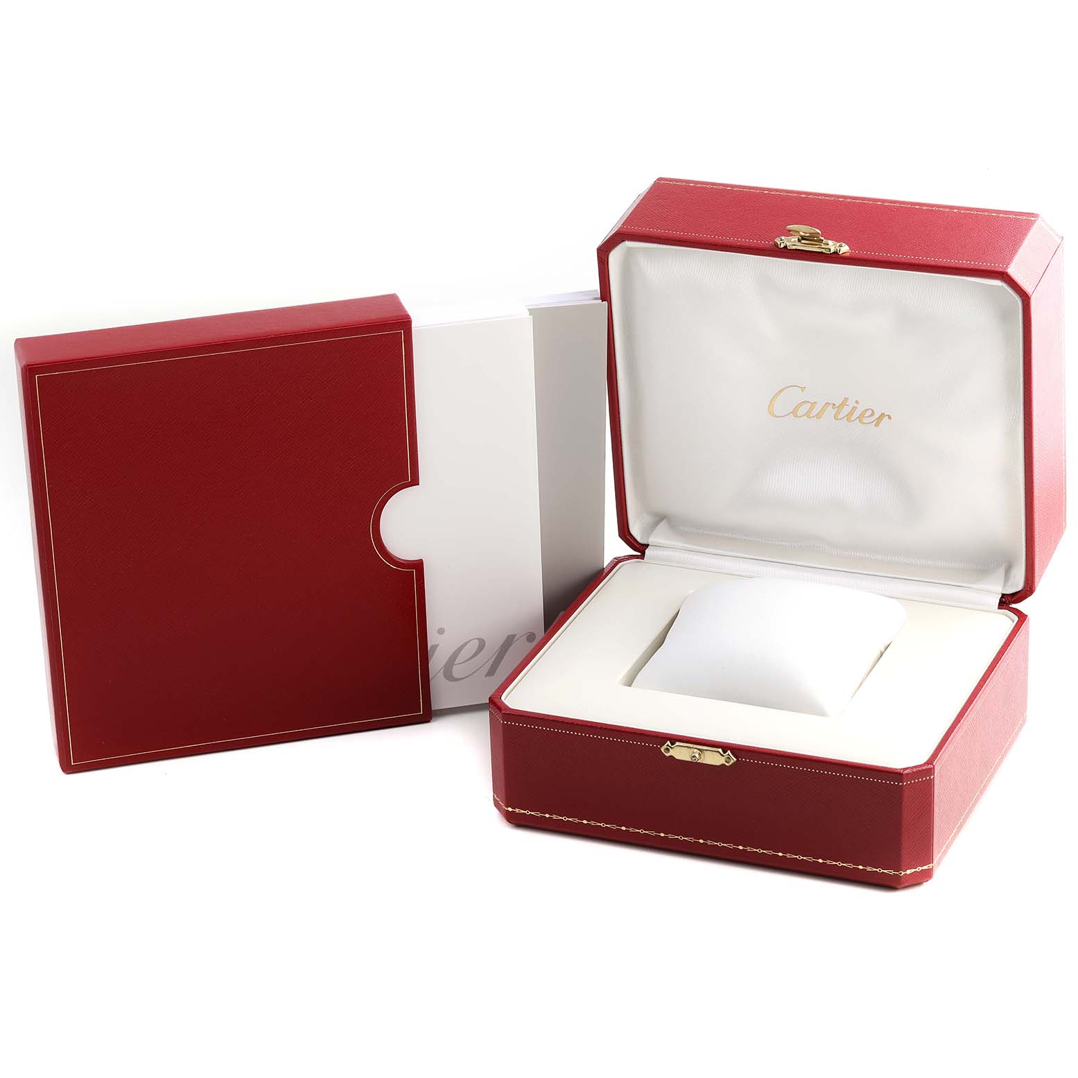 The image shows an open Cartier Pasha W31077M7 Men
s Stainless Steel Black Dial W31077M7 Men
s Stainless Steel Black Dial watch box with its outer red box and white inner pillow.