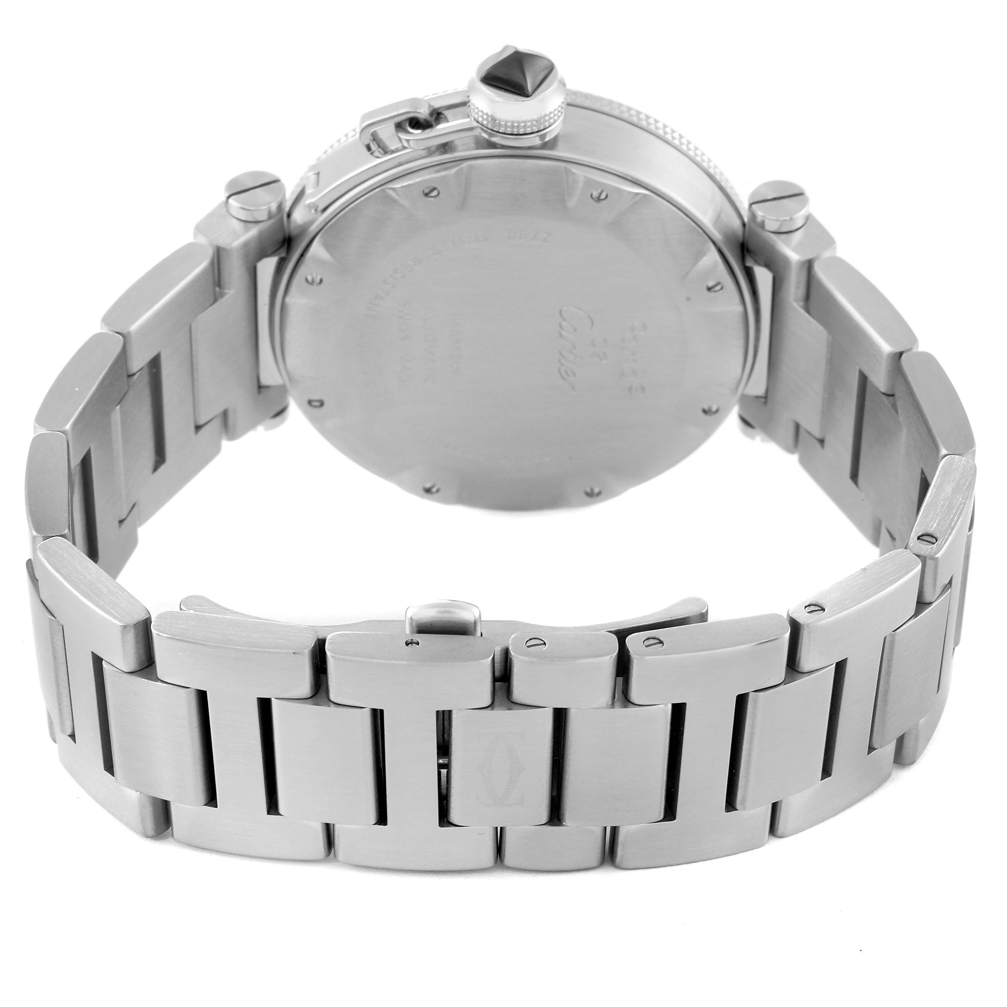 This is a rear view of the Cartier Pasha W31077M7 Men
s Stainless Steel Black Dial W31077M7 Men
s Stainless Steel Black Dial watch, showcasing its stainless steel case back and bracelet.