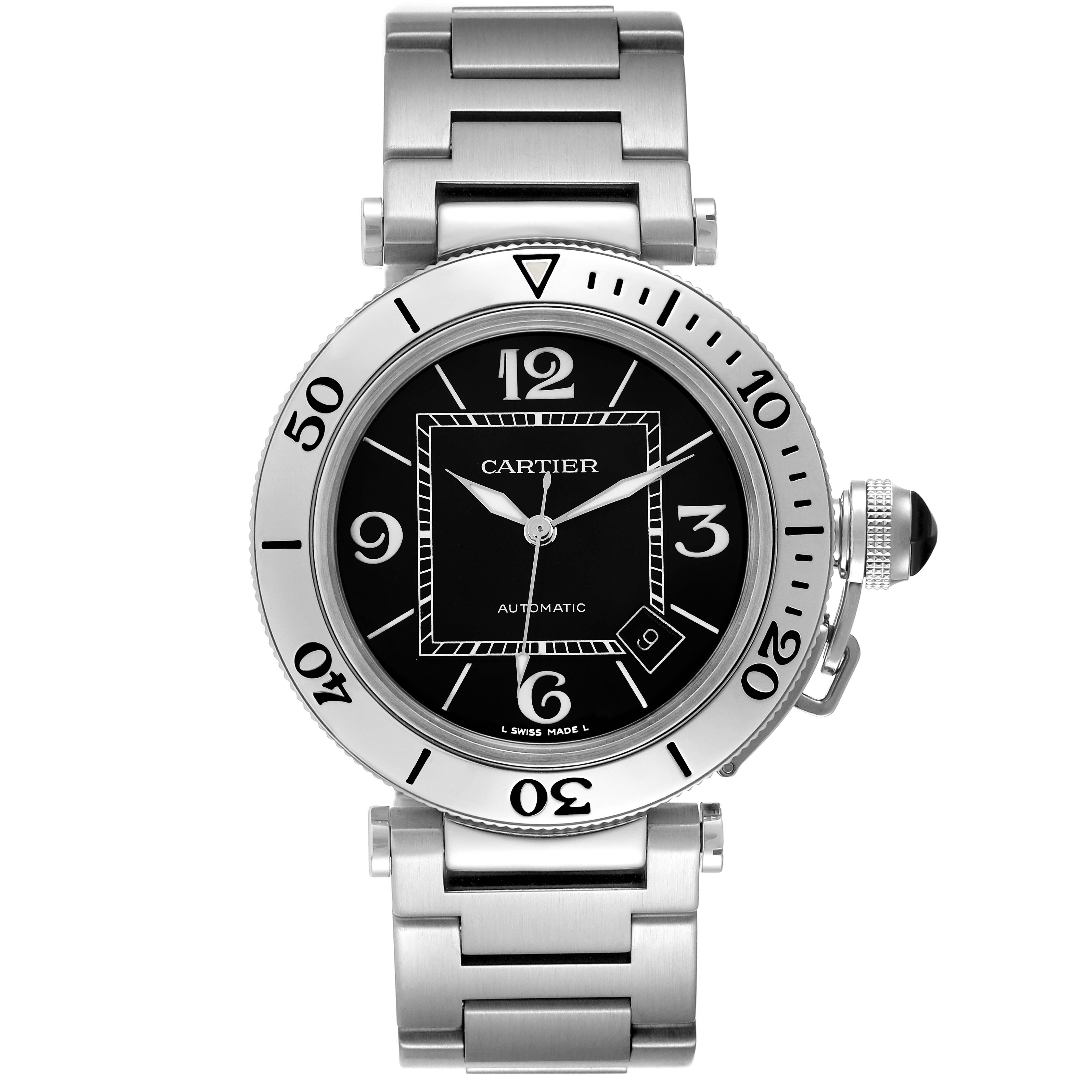 The image shows a front view of a Cartier Pasha W31077M7 Men
s Stainless Steel Black Dial W31077M7 Men
s Stainless Steel Black Dial model watch, displaying the face, bezel, and part of the bracelet.