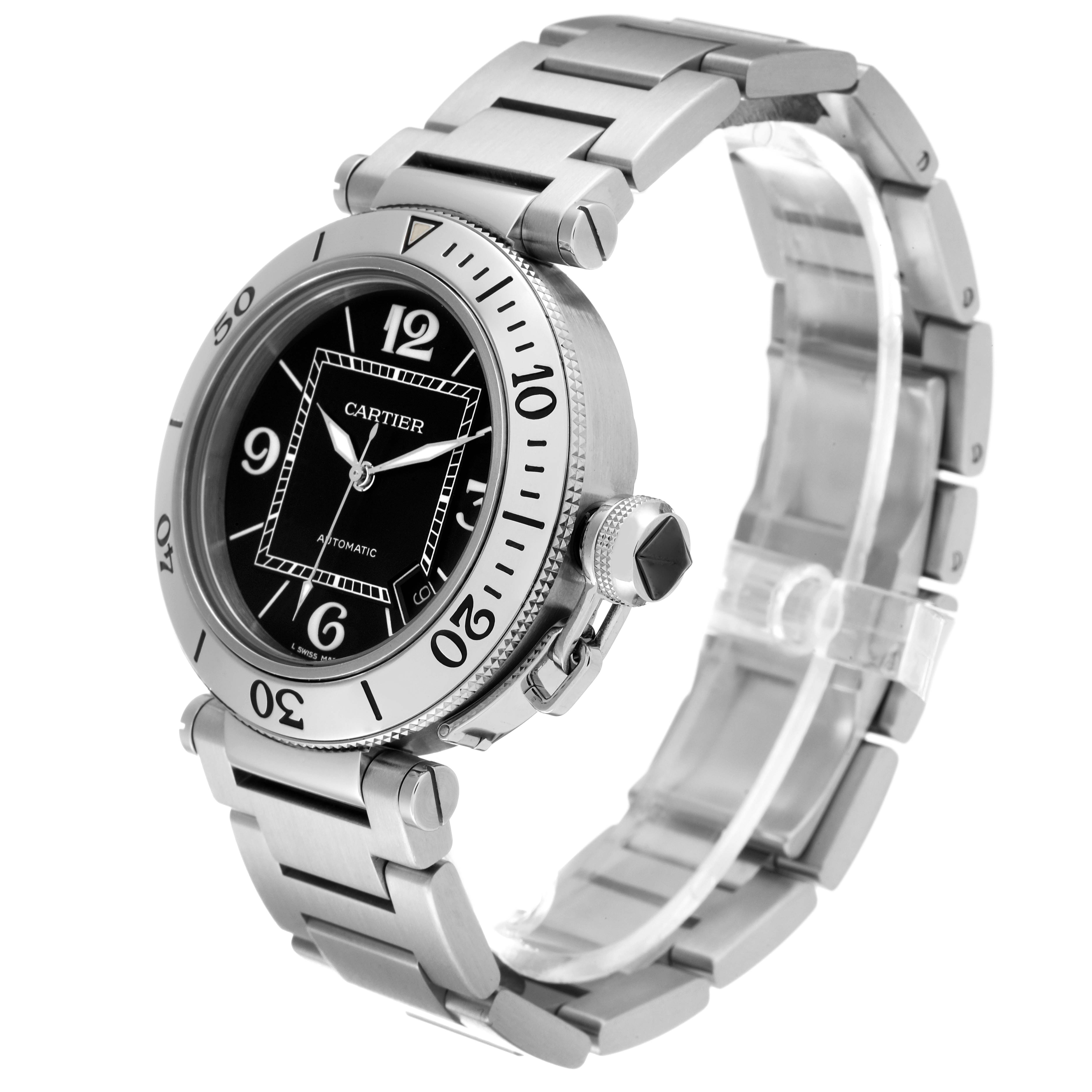 This image shows a side and angled view of the Cartier Pasha W31077M7 Men
s Stainless Steel Black Dial W31077M7 Men
s Stainless Steel Black Dial watch, highlighting its face, bezel, crown, and bracelet.