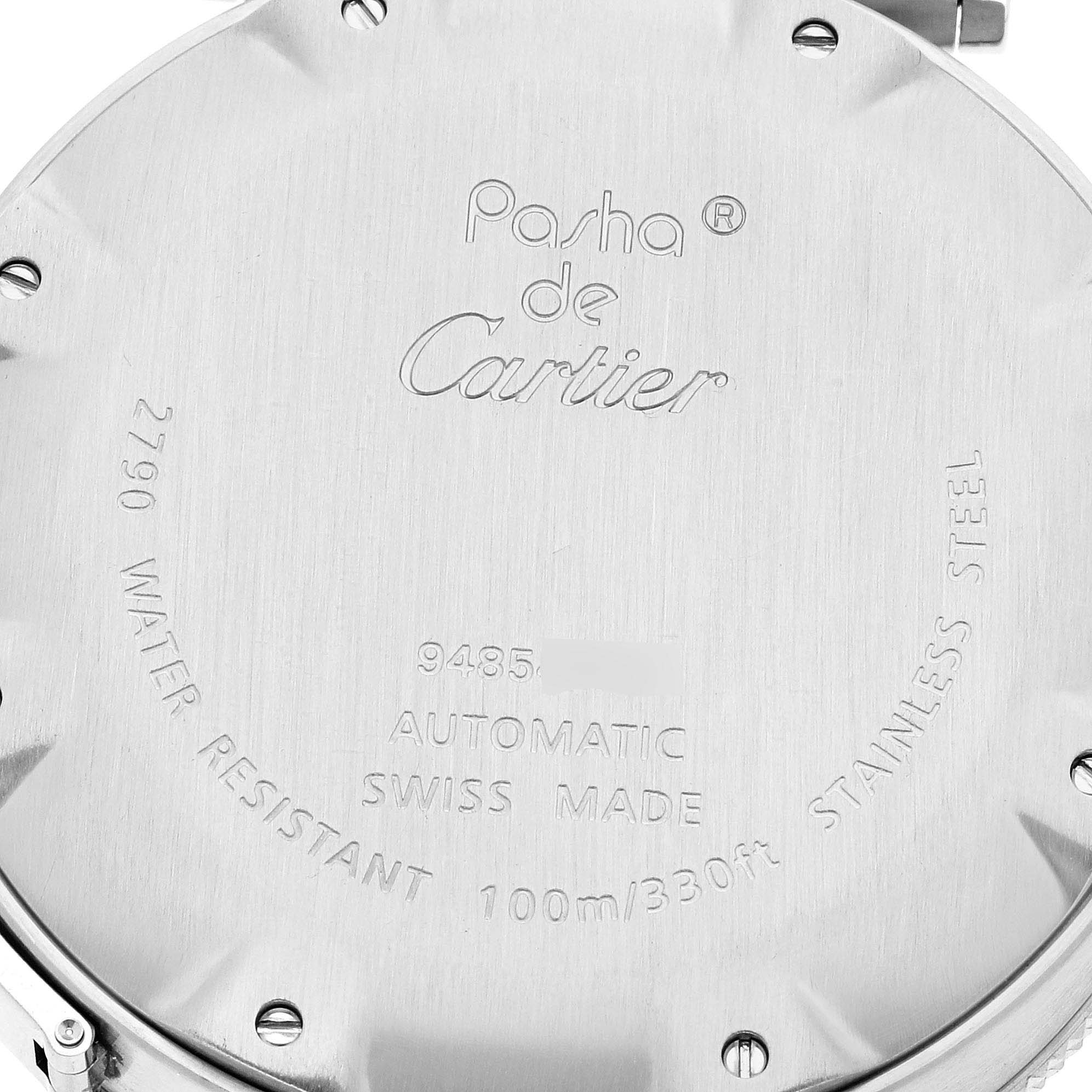This image shows the back casing of a Cartier Pasha W31077M7 Men
s Stainless Steel Black Dial W31077M7 Men
s Stainless Steel Black Dial watch, displaying model details and specifications.