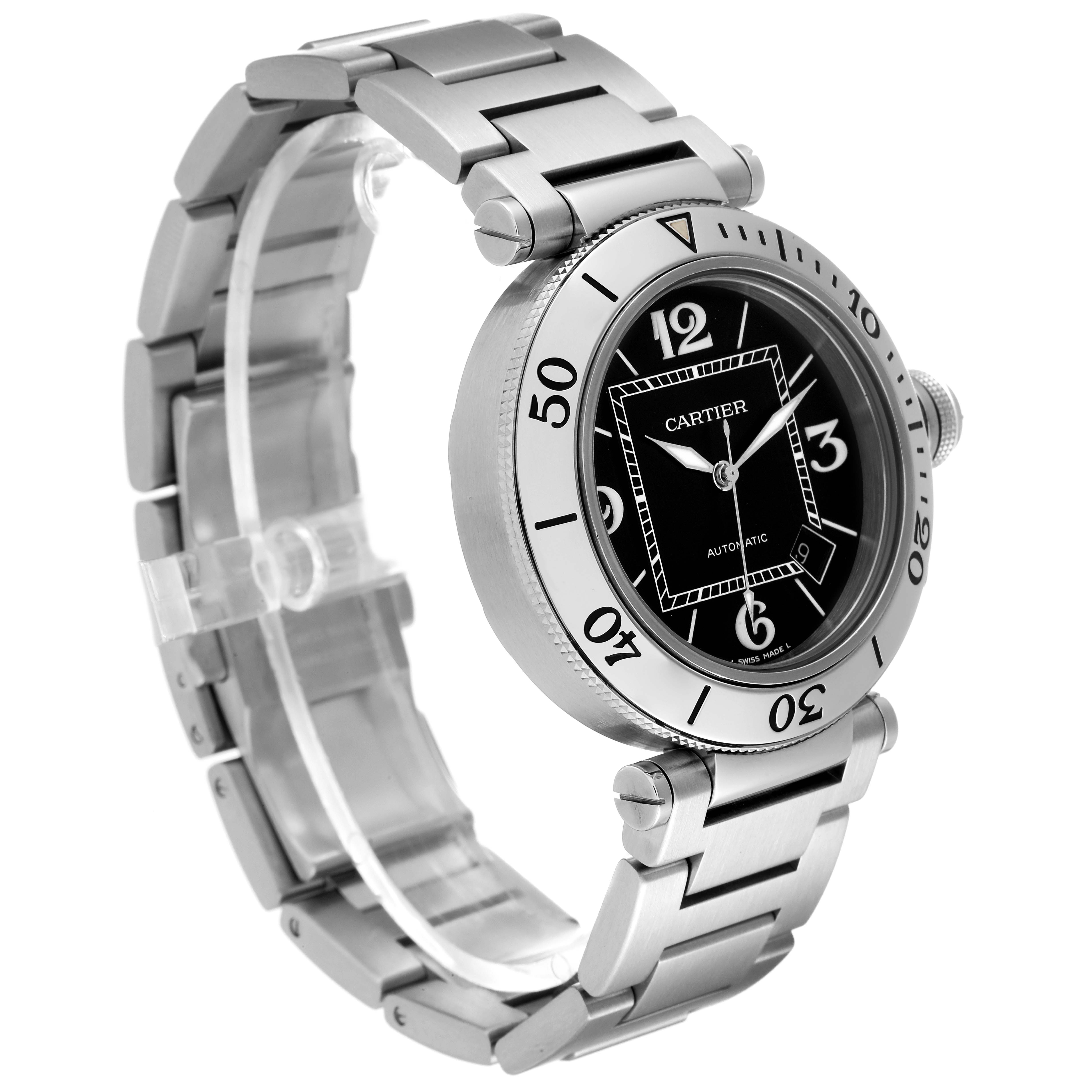 The image depicts a Cartier Pasha W31077M7 Men
s Stainless Steel Black Dial W31077M7 Men
s Stainless Steel Black Dial model watch, shown at an angle highlighting the watch face and bracelet.