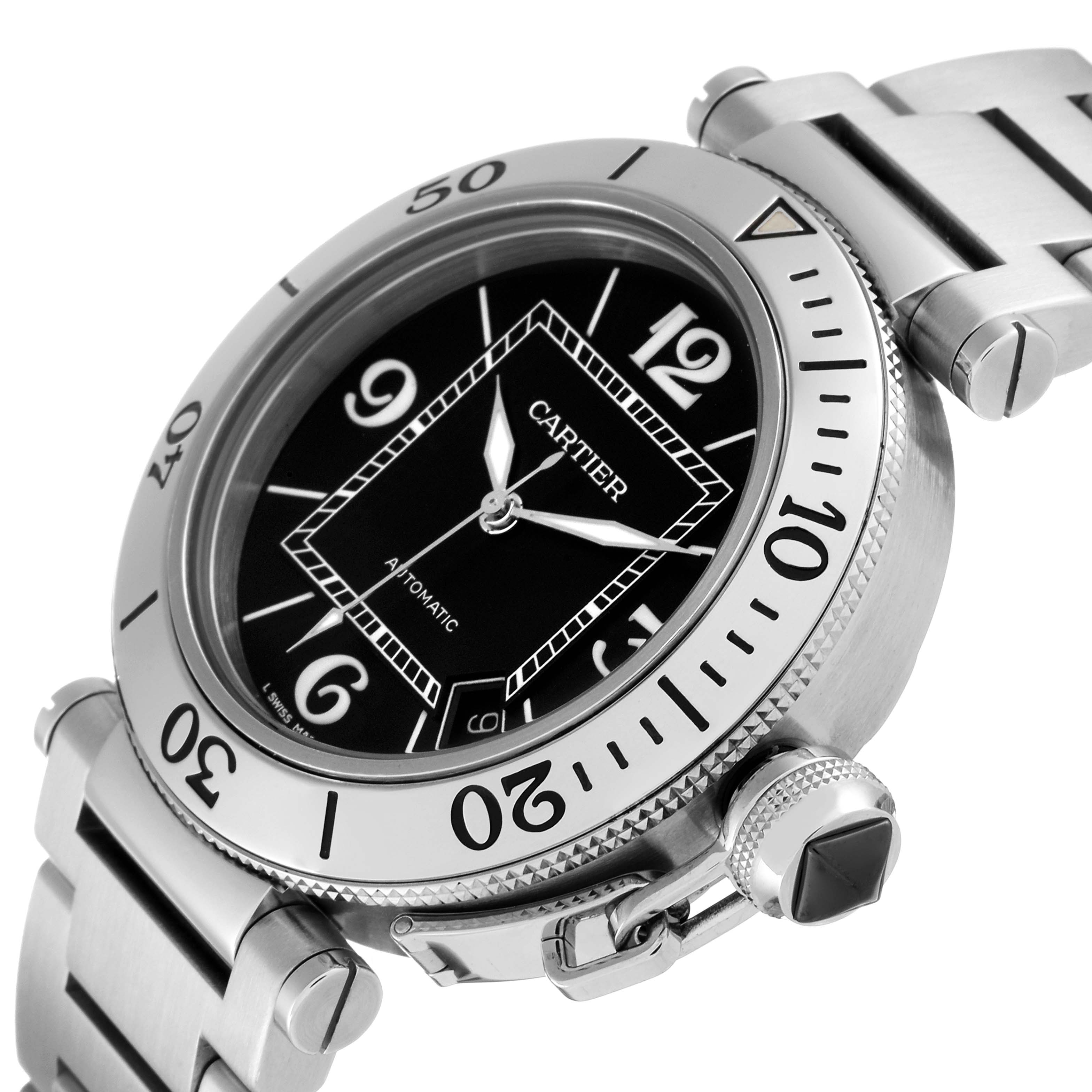 This image shows a Cartier Pasha W31077M7 Men
s Stainless Steel Black Dial W31077M7 Men
s Stainless Steel Black Dial model watch at an angle highlighting the dial, bezel, and part of the bracelet.