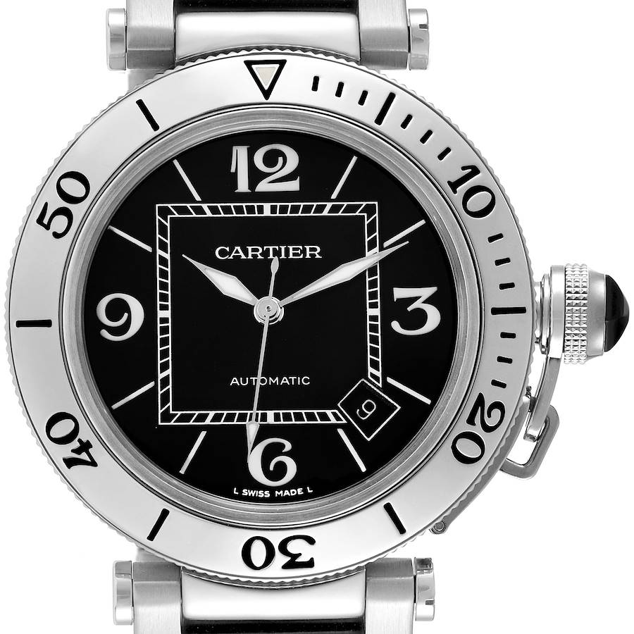Cartier Pasha Seatimer Black Dial Automatic Steel Mens Watch W31077M7 Box Papers SwissWatchExpo