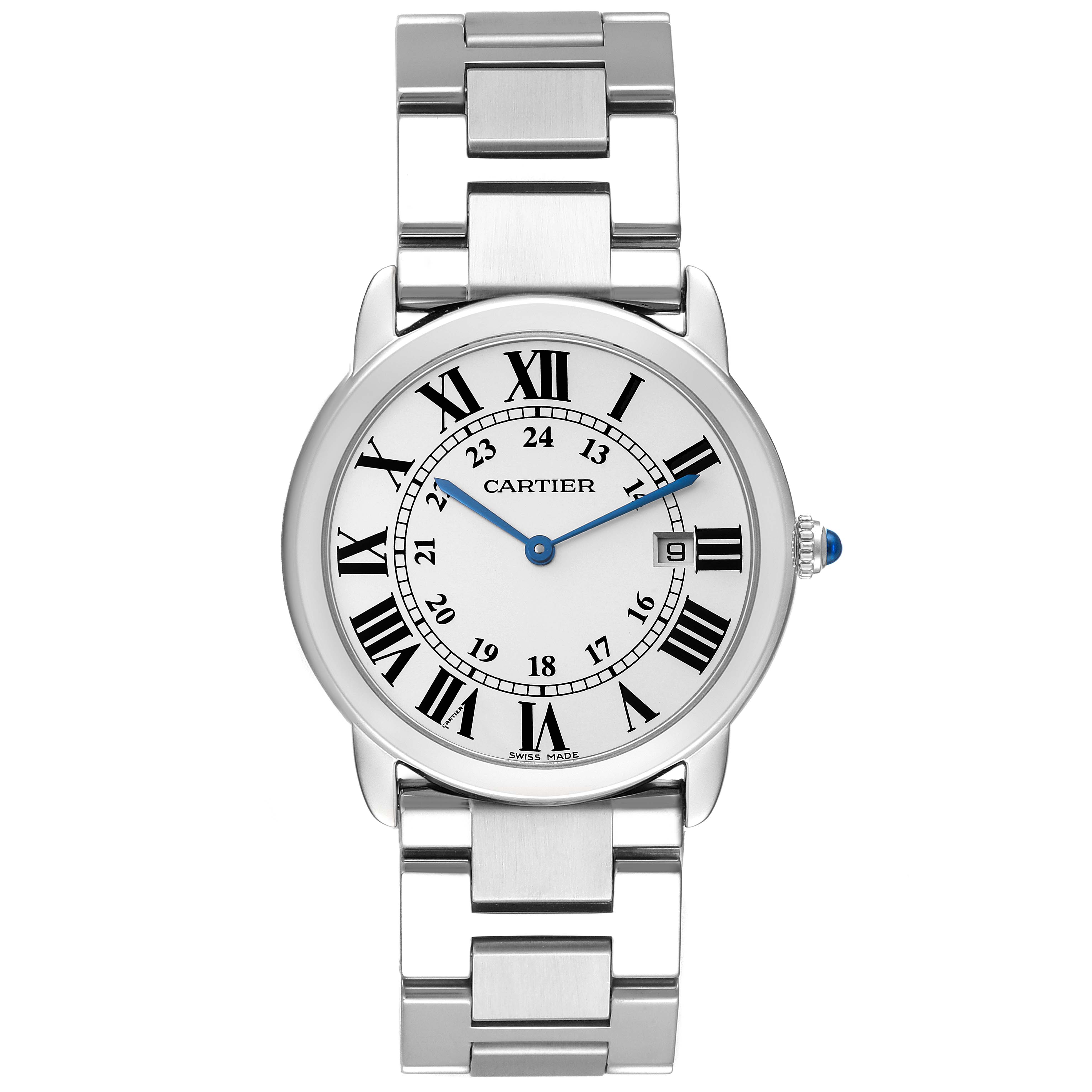 The image shows a front view of a Cartier Ronde W6701005 Men
s Stainless Steel Silver Dial W6701005 Men
s Stainless Steel Silver Dial watch, displaying its face, Roman numerals, and metal bracelet.