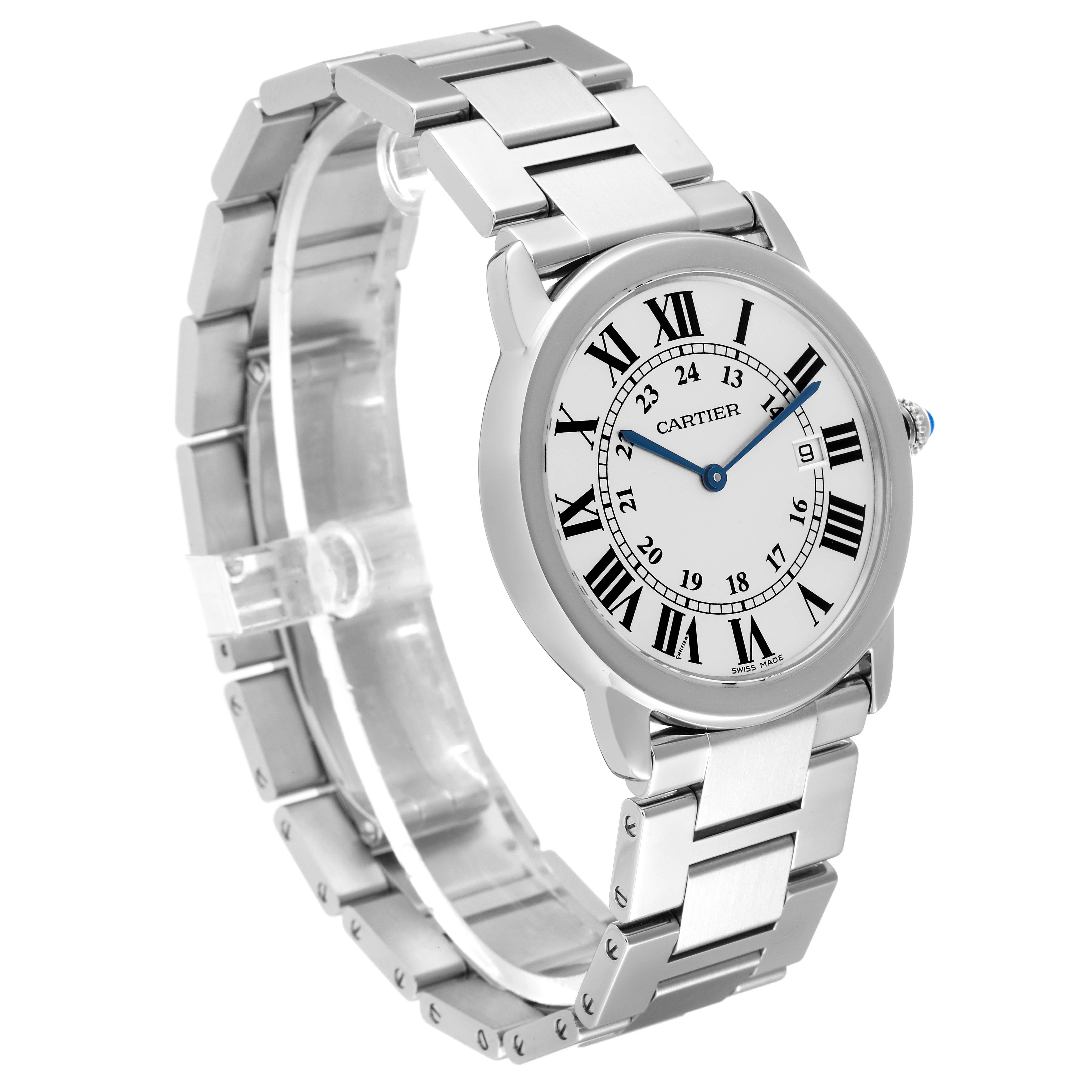 The image shows a Cartier Ronde W6701005 Men
s Stainless Steel Silver Dial W6701005 Men
s Stainless Steel Silver Dial watch at an angle displaying the face, Roman numerals, blue hands, and metal bracelet.