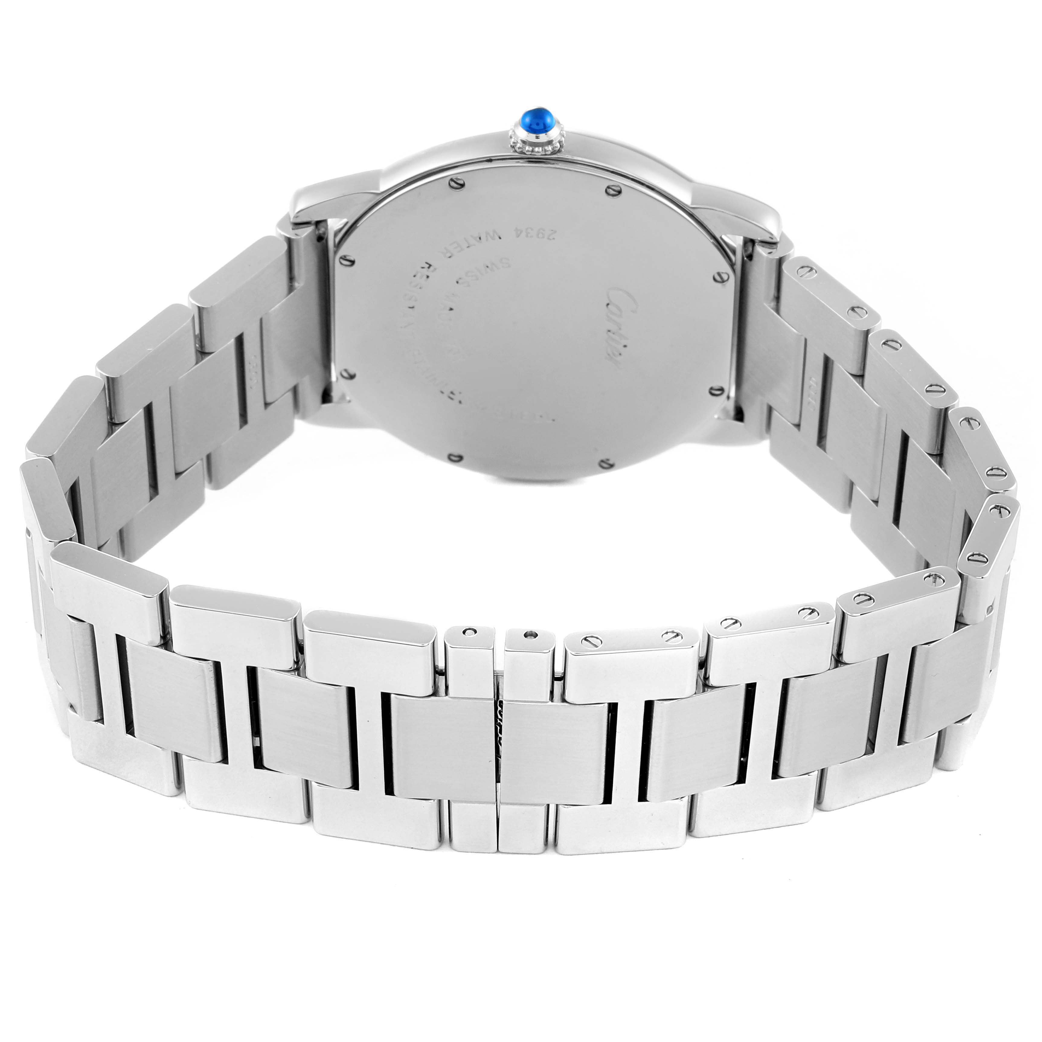 This image shows the back and part of the bracelet of a Cartier Ronde W6701005 Men
s Stainless Steel Silver Dial W6701005 Men
s Stainless Steel Silver Dial watch.